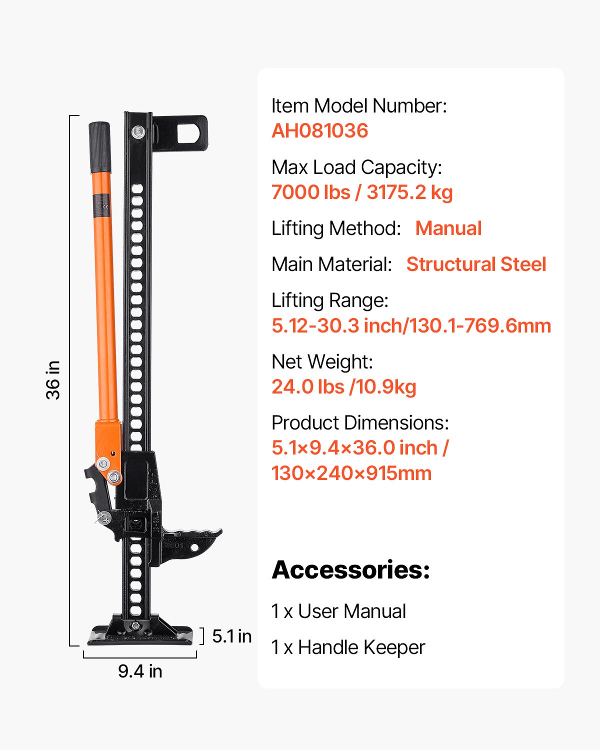 Macaco todo-terreno VEVOR 4x4 3,18t 91,5cm hi-lift elevação 13-77cm macaco cremalheira veículos tratores - 7