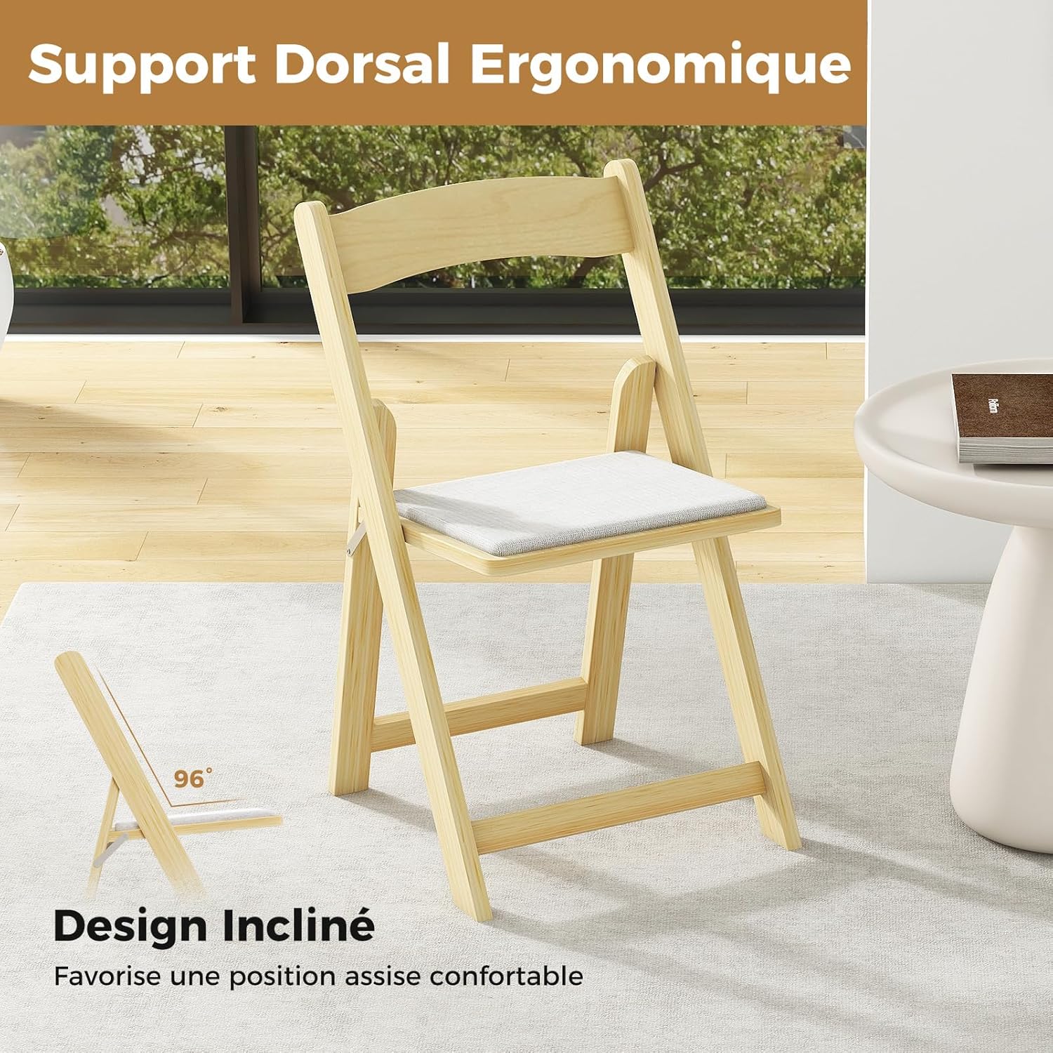 Set di 2 Sedie da Pranzo, Sedia da Cucina Pieghevole con Gambe in Legno di Gomma & Sedile Imbottito, Sedia Portatile per Matrimonio & Festa, N - 7