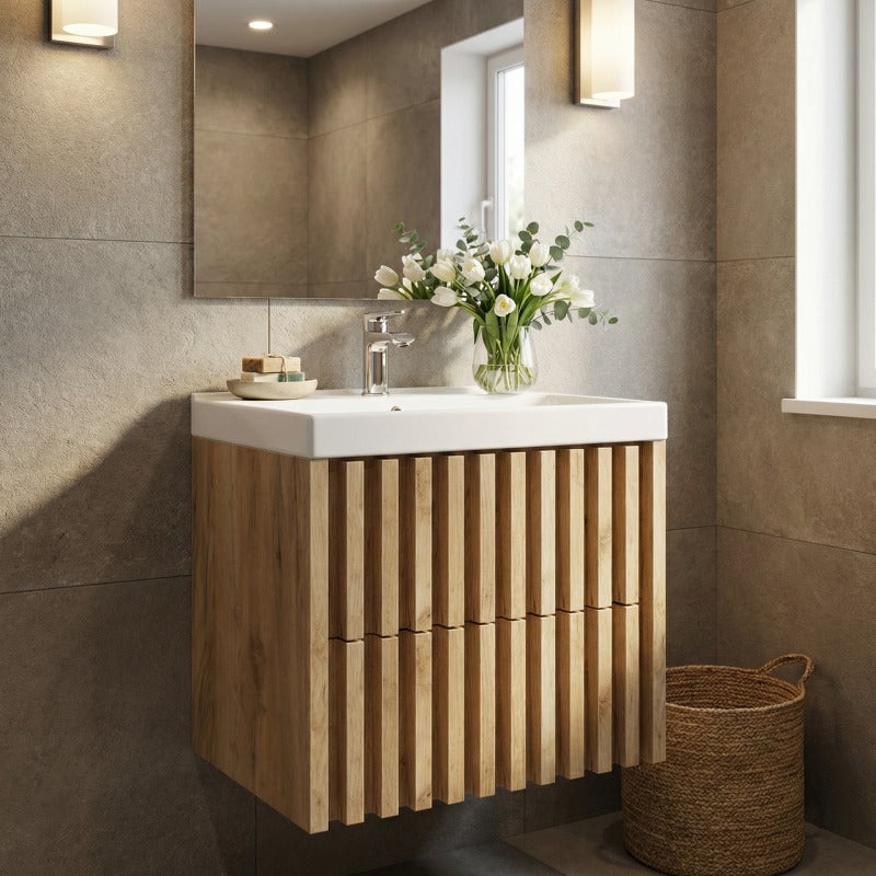 Meuble salle de bain suspendu 60 x 56 x 46 cm avec lavabo décor lattes chêne mat Delano SAT (DELANO60ZDSAT) - 2