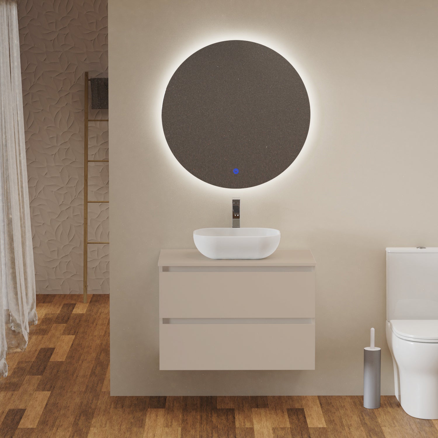 Conjunto de baño sail | mueble de baño suspendido | 80 cm visón | dos cajones | lavabo ovalado blanco mate | mueble montado | plusbaño