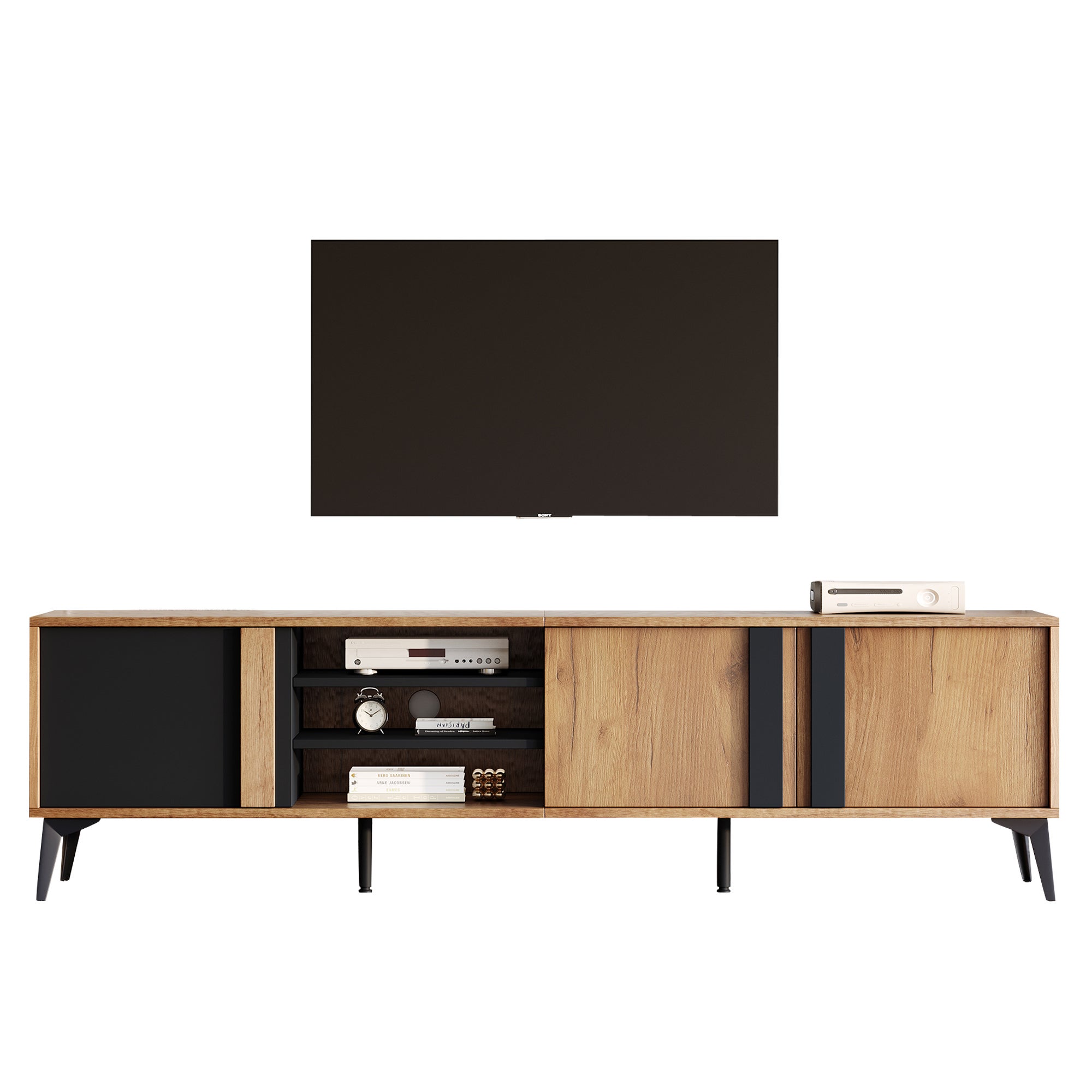 Meuble TV avec 3 portes et 3 niches ouvertes - 180 x 40 x 50 cm - Panneau de particules - Marron et noir - 8