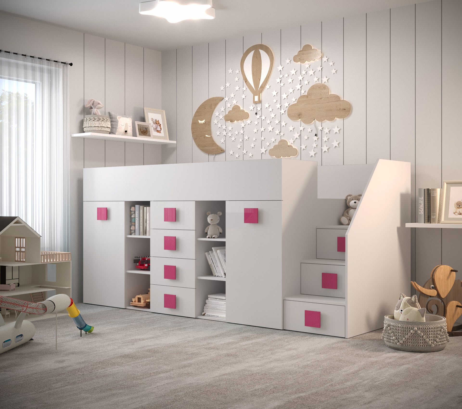 Łóżko piętrowe Antresola TOLEDO 3 P biały + biały + różowy - Abiks - 2