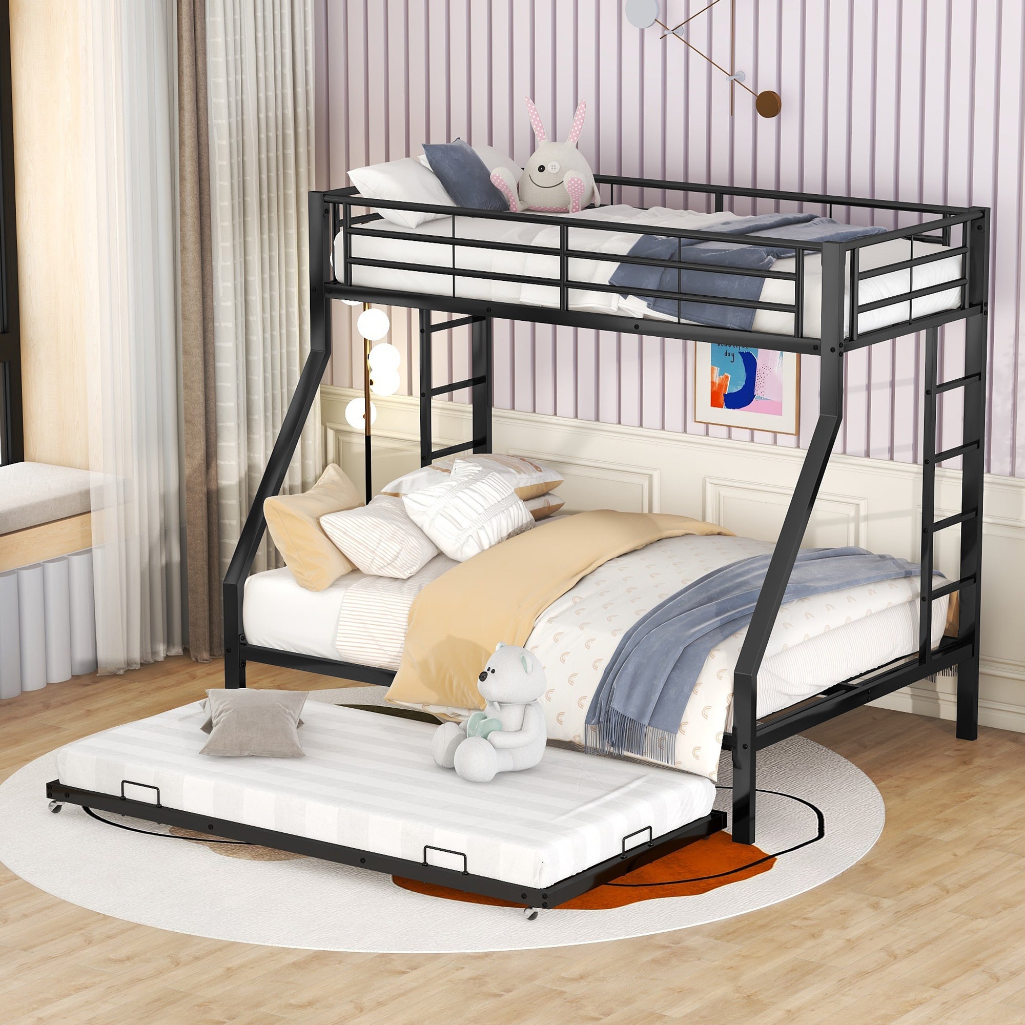 Lit Superposé 3 Places KOMHTOM Avec Lit Gigogne - Métal Blanc, Barrières Sécurité, échelle, Pour Enfants Et Ados