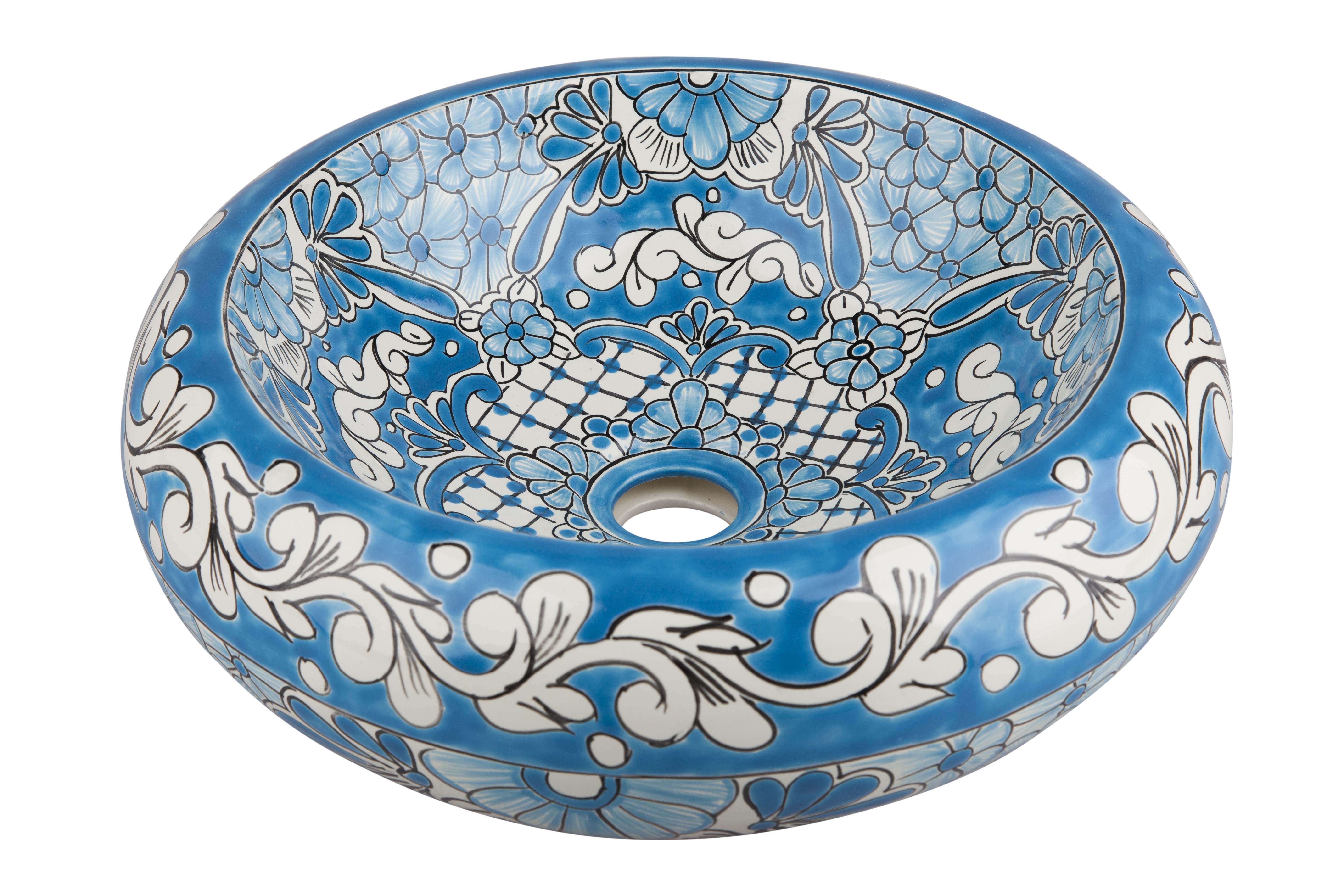 Meksykańska ceramiczna umywalka nablatowa Lorena – okrągła umywalka łazienkowa 40 x 13,5 cm | Ręcznie wykonana umywalka z motywami Talavera