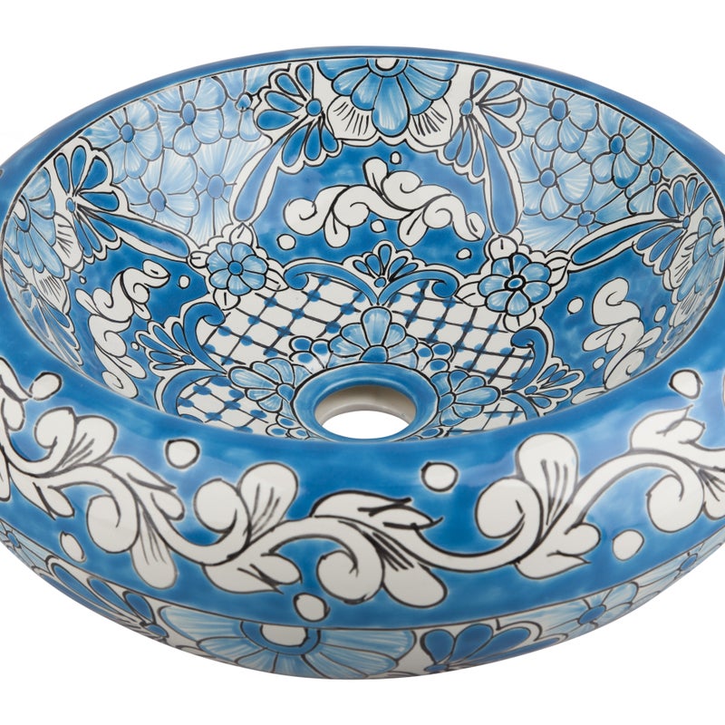 Meksykańska ceramiczna umywalka nablatowa Lorena – okrągła umywalka łazienkowa 40 x 13,5 cm | Ręcznie wykonana umywalka z motywami Talavera