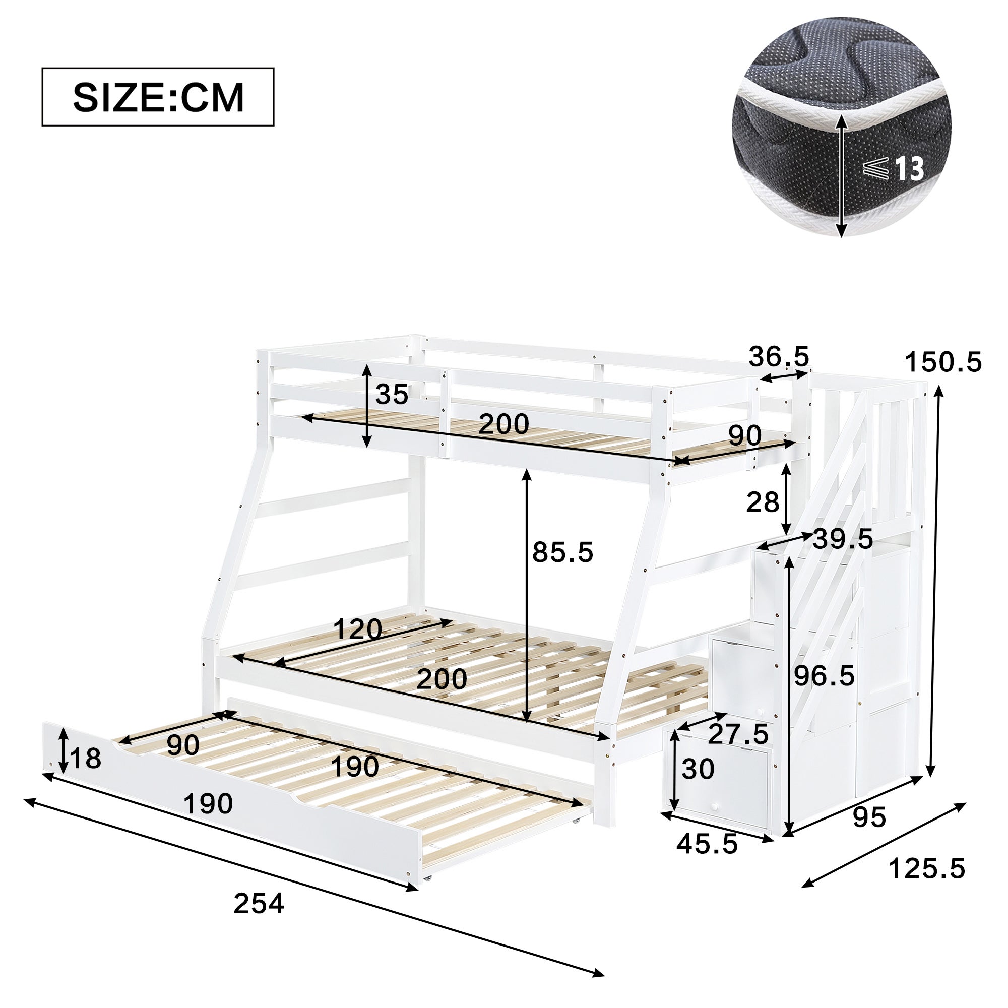 Letto a castello 90/120x200CM con letto estraibile, letto per bambini con scaletta, armadio e corrimano, bianco - 4