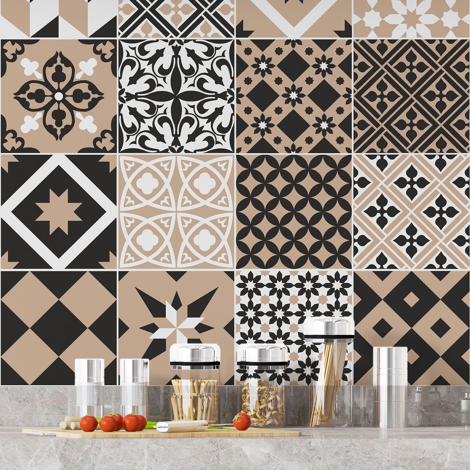 Crédence adhésive sticker décoratif pour cuisine - Effet carreaux de ciment - Adhésif BRILLANT - 60x60 cm - 4