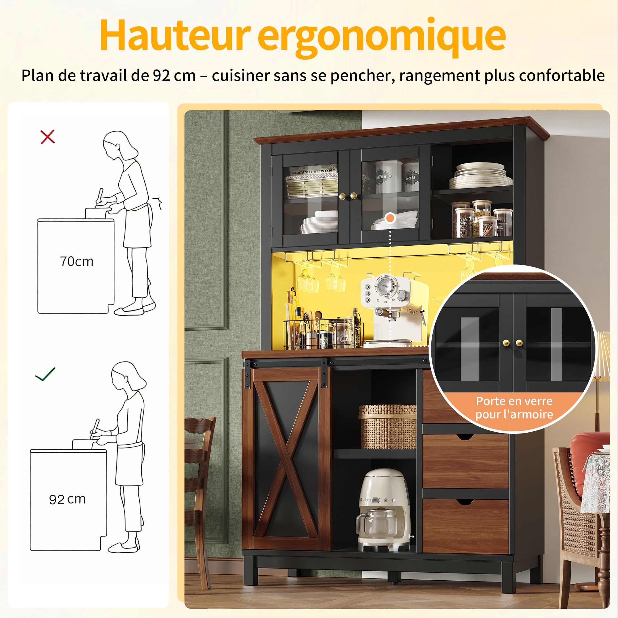 Buffet de cuisine haut avec 3 portes, 3 tiroirs et compartiments - 104 x 40 x 180 cm - MDF + verre - LEDs - Noir - 8