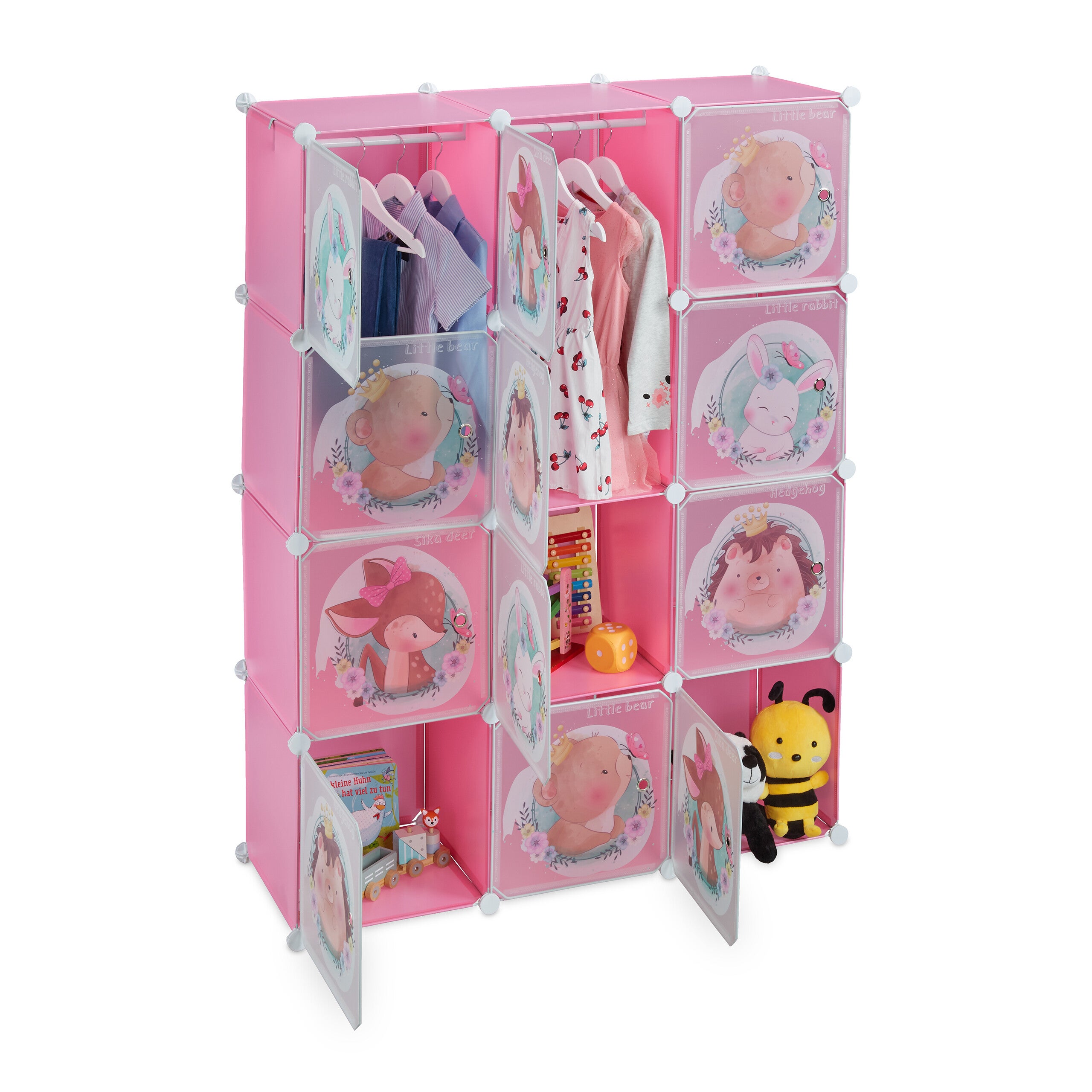 Armoire Chambre Enfant Modulable Relaxdays 145x110x37cm Rose - 2 Tringles & Motifs Animaux