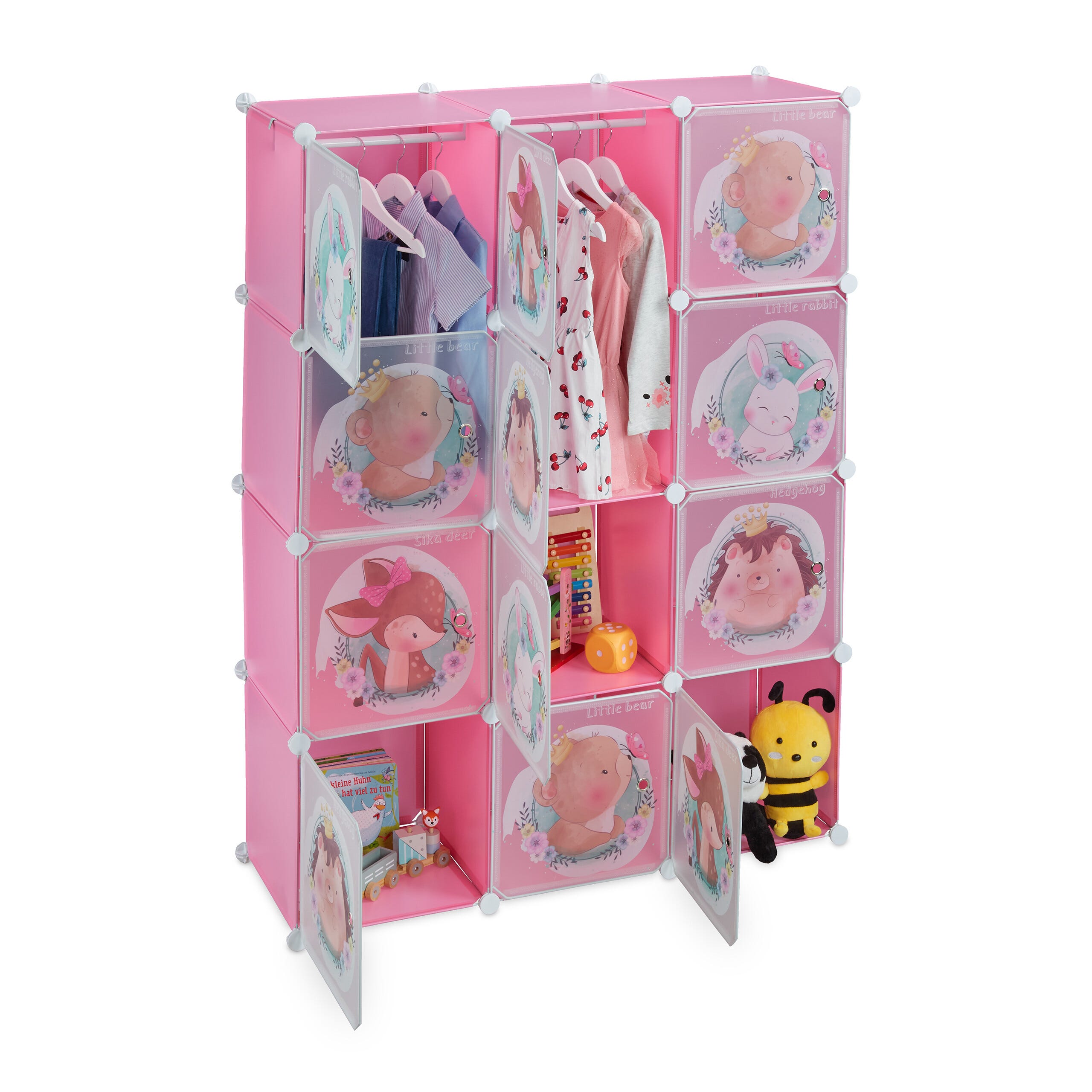 Armoire Chambre Enfant Modulable Relaxdays 145x110x37cm Rose - 2 Tringles & Motifs Animaux