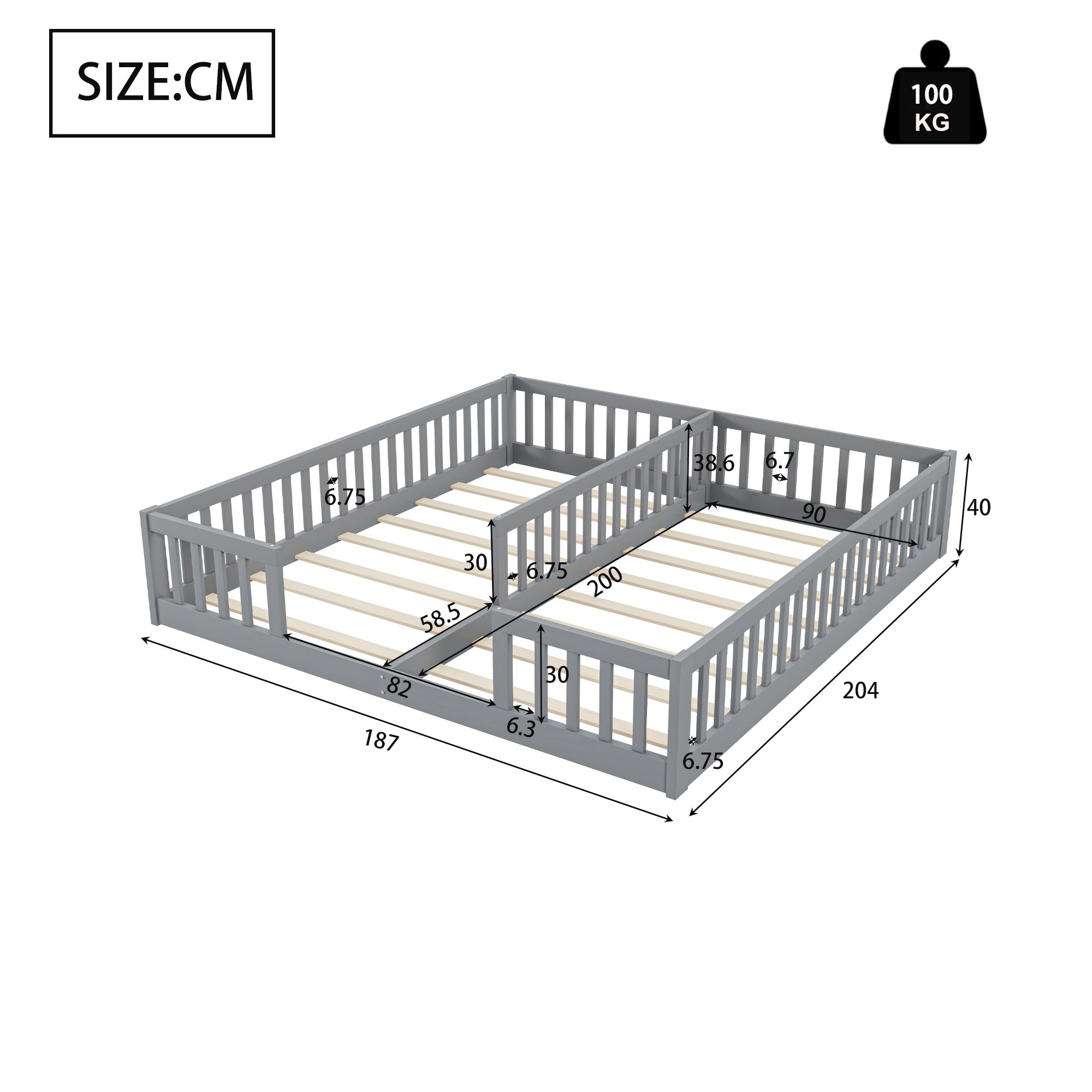 Montessori Lit de sol 90 x 200 cm avec barrières de sécurit, lit d'enfant 2 place, lit en bois avec sommier à lattes, gris (sans matelas) - 3