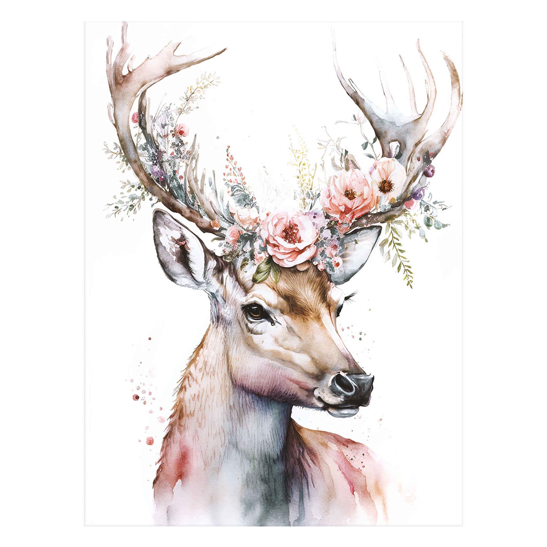 STYLER Tablou pe pânză Canvas Cerb și flori 60 x 80 cm, decor modern de perete pentru living, dormitor, hol și birou
