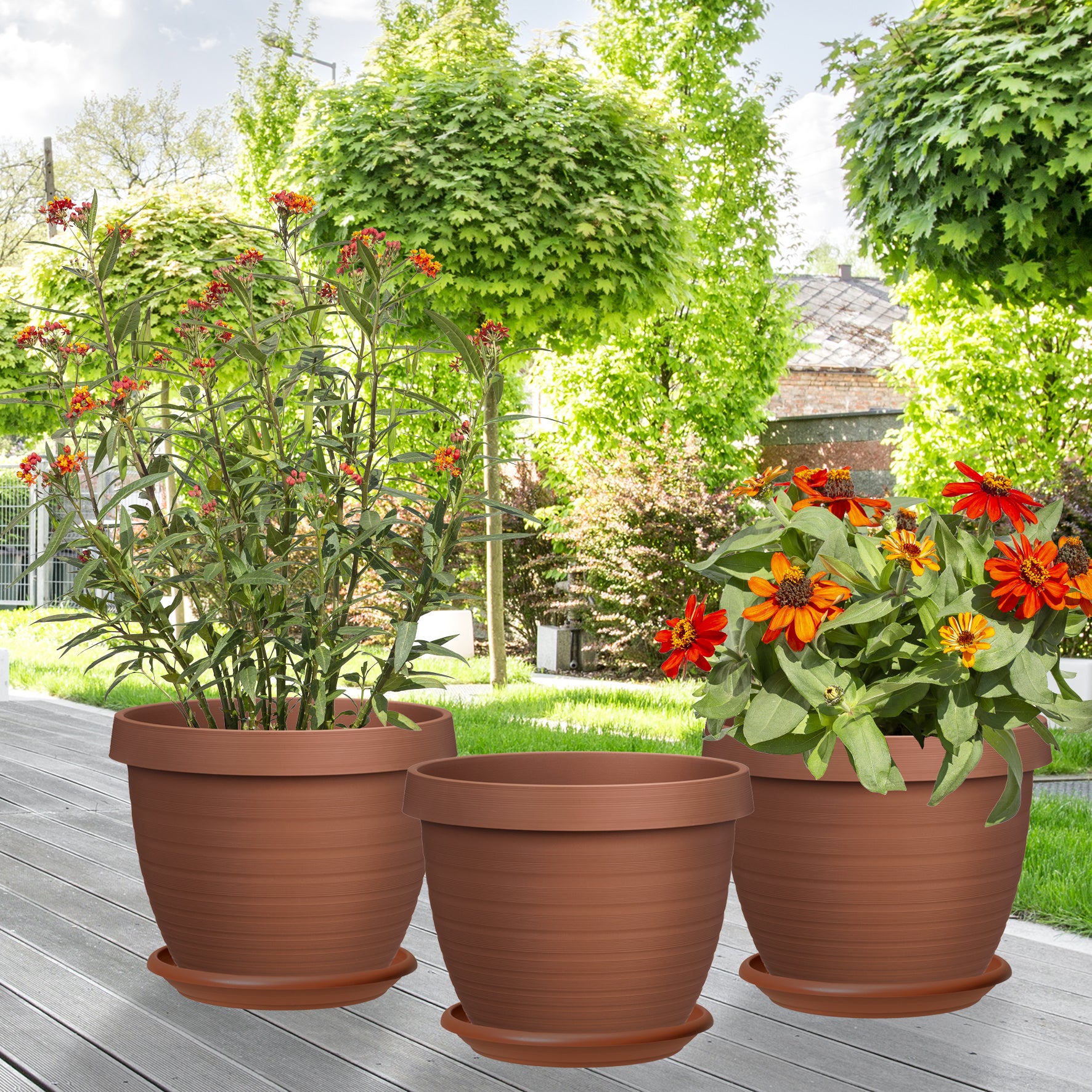 Scheurich Set de 3 pots à fleurs Country Star 40 avec soucoupes, en plastique coloris: terre cuite, 39 cm de diamètre, 30 cm de hauteur, 21,5 l vol. - 3