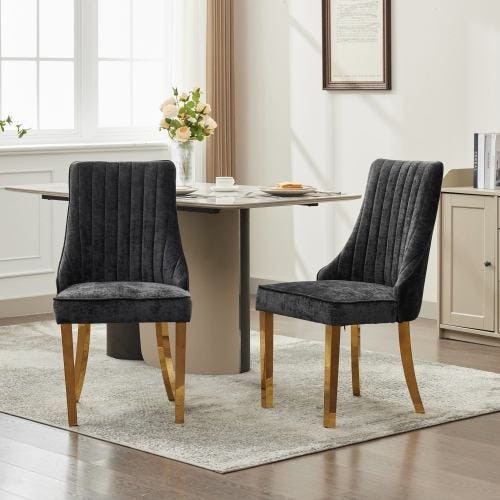 Set 2 sedie da pranzo in velluto chenille nero con schienale alto e gambe in acciaio inox dorato, comfort moderno ed elegante | Leroy Merlin Set 2 sedie da pranzo in velluto chenille nero con schienale alto e gambe in acciaio inox dorato, comfort moderno ed elegante | Leroy Merlin