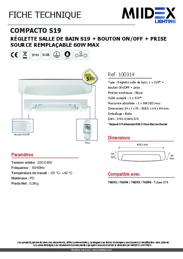 Réglette Salle de Bain S19 - ABS Blanc - IP44 - Bouton & Prise - 439mm - 8