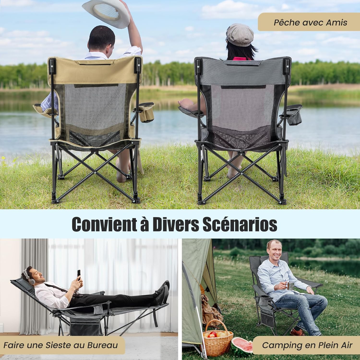 Chaise de Camping Pliable,Chaise Longue de Plage avec Repose-Pieds Et Appui-Tête,Charge 150 KG,Gris - 5