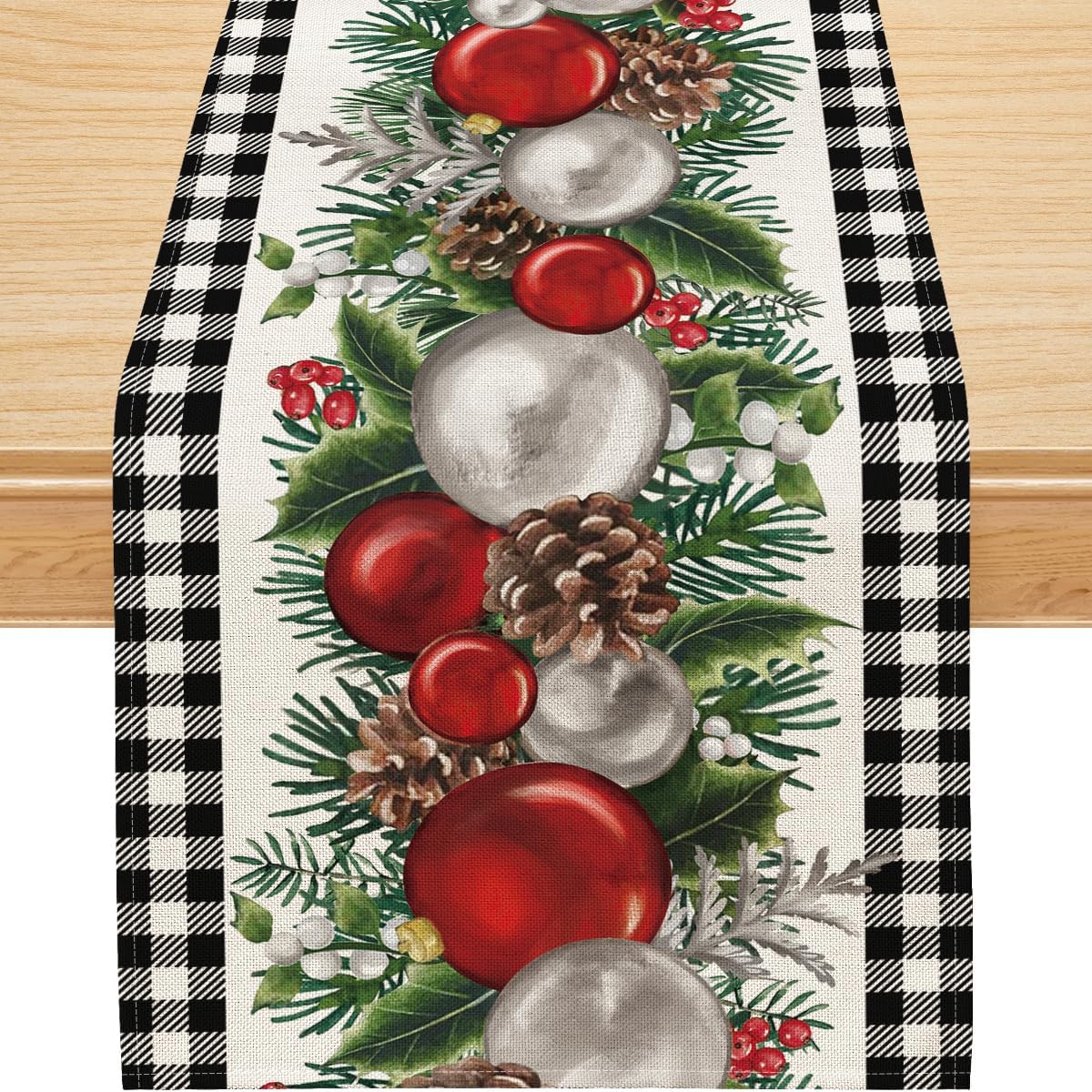 Bieżnik na stół bożonarodzeniowy w kratę bawole, sezonowe dekoracje zimowe do dekoracji stołu wewnątrz i na zewnątrz (33 cm x 183 cm)