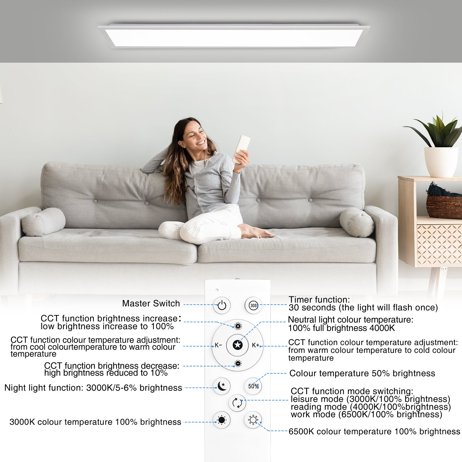 LOVHAUS Pannello LED 120x30CM, Plafoniera LED Da Interno Con Telecomando, Variazione Colori Bianchi E Intensità, Con Funzione Memoria E Timer, Bianco - 5