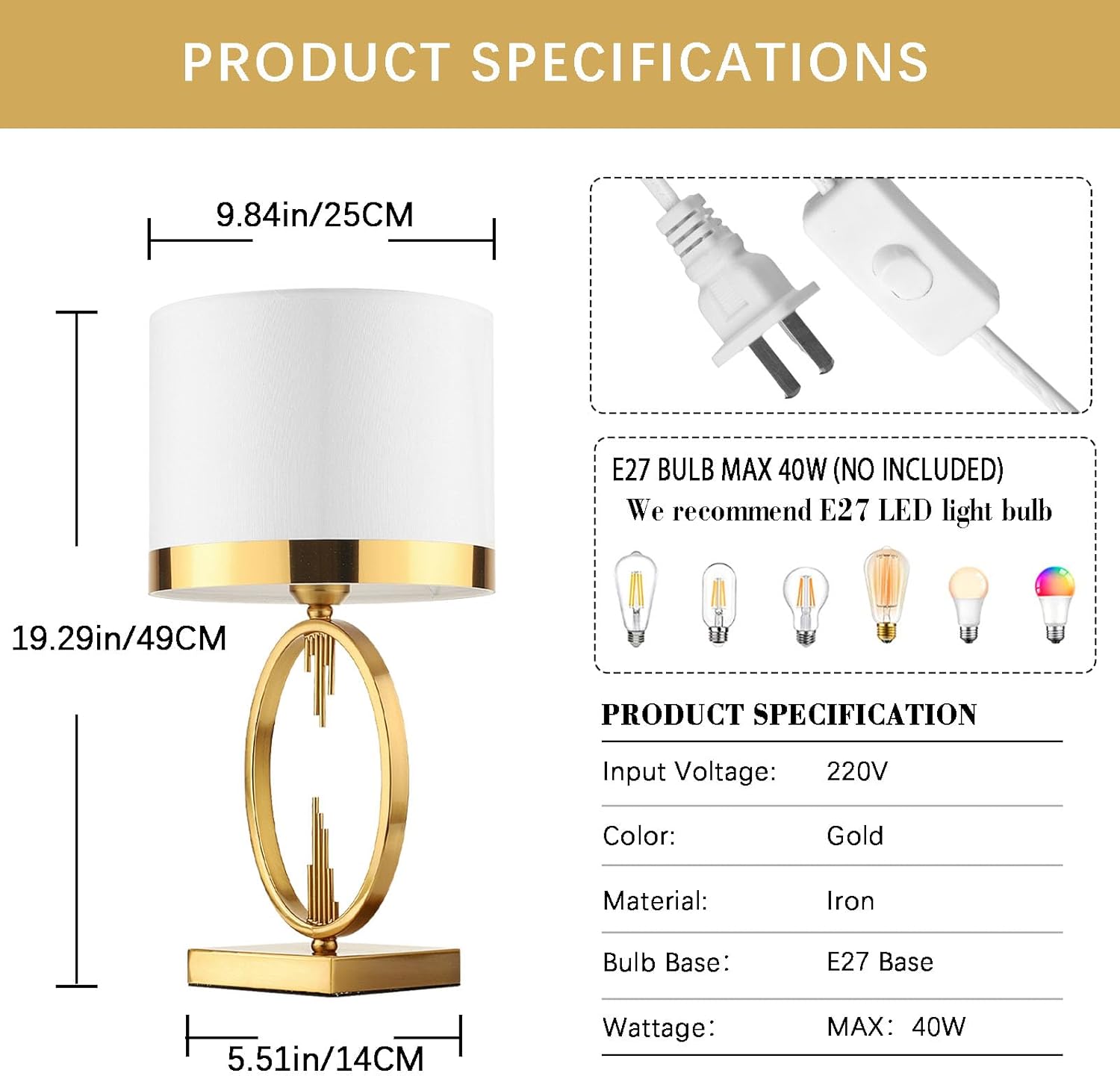 Nowoczesna, lekka i luksusowa lampa stołowa, lampka nocna E27 do salonu, lampa stołowa z białym, materiałowym kloszem, lampka nocna z podstawą - 7