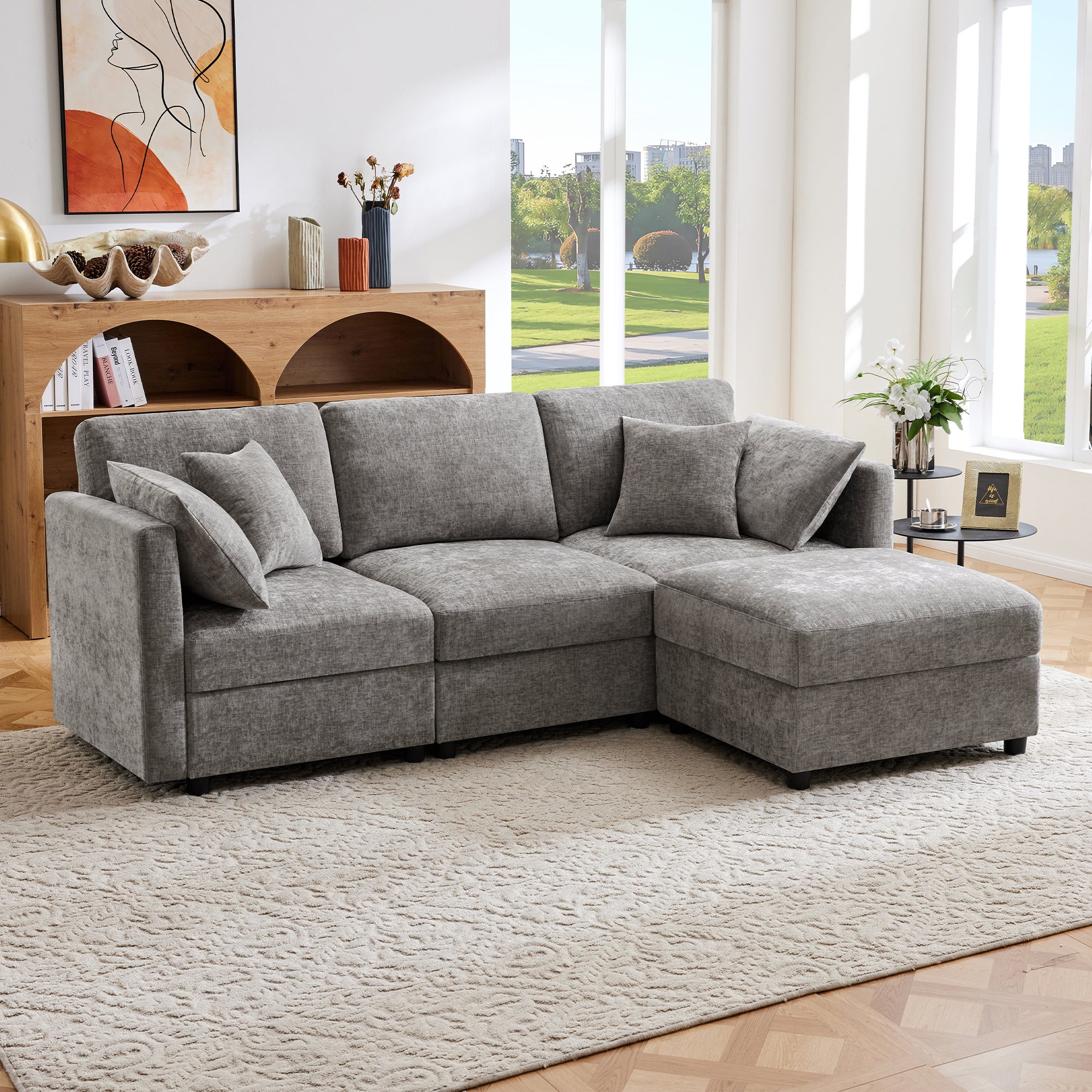Narożna sofa w kształcie litery L - 3-osobowa - z podnóżkiem - 4 poduszki - regulowane podłokietniki - szara - 2