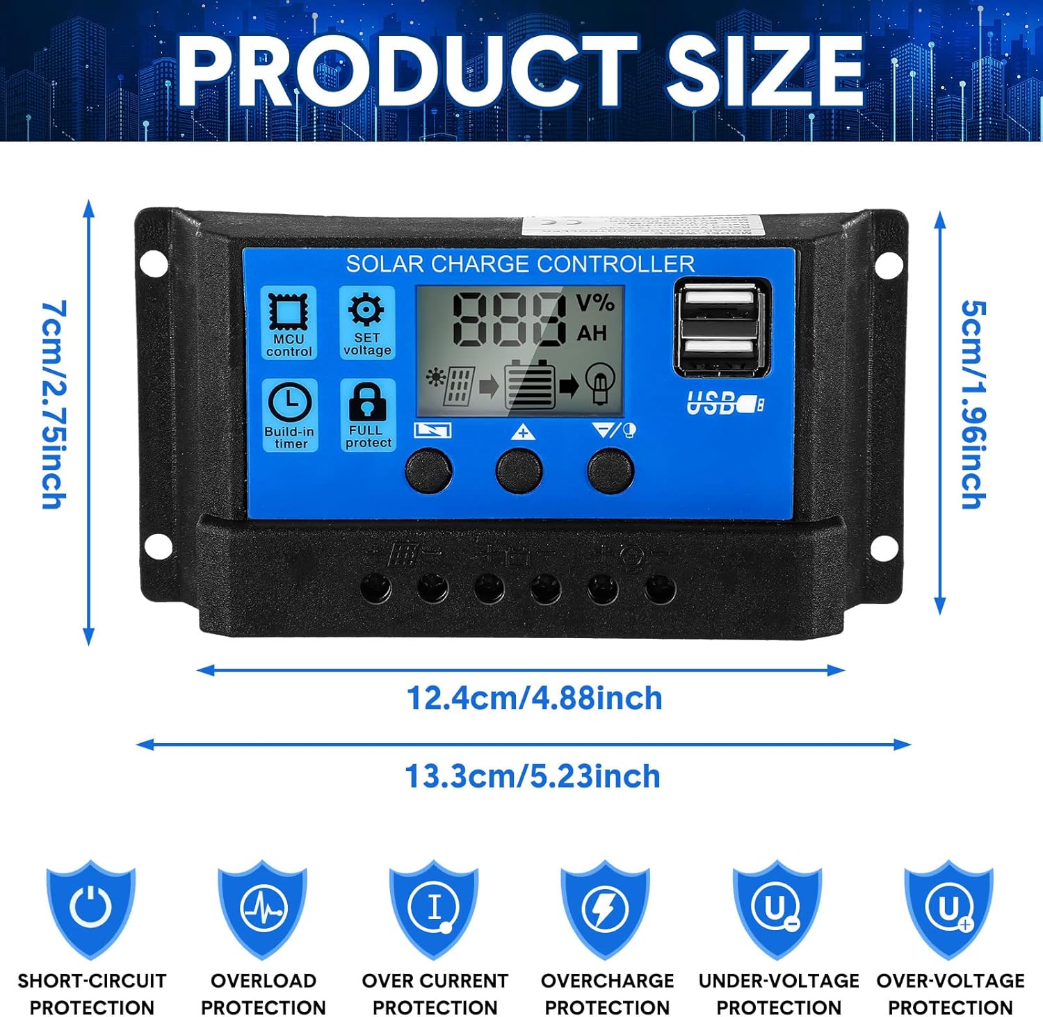 Controlador de célula solar 12V/24V, controlador de carga de painel solar, regulador de tensão com display LCD ajustável, temporizador, (10A) - 2