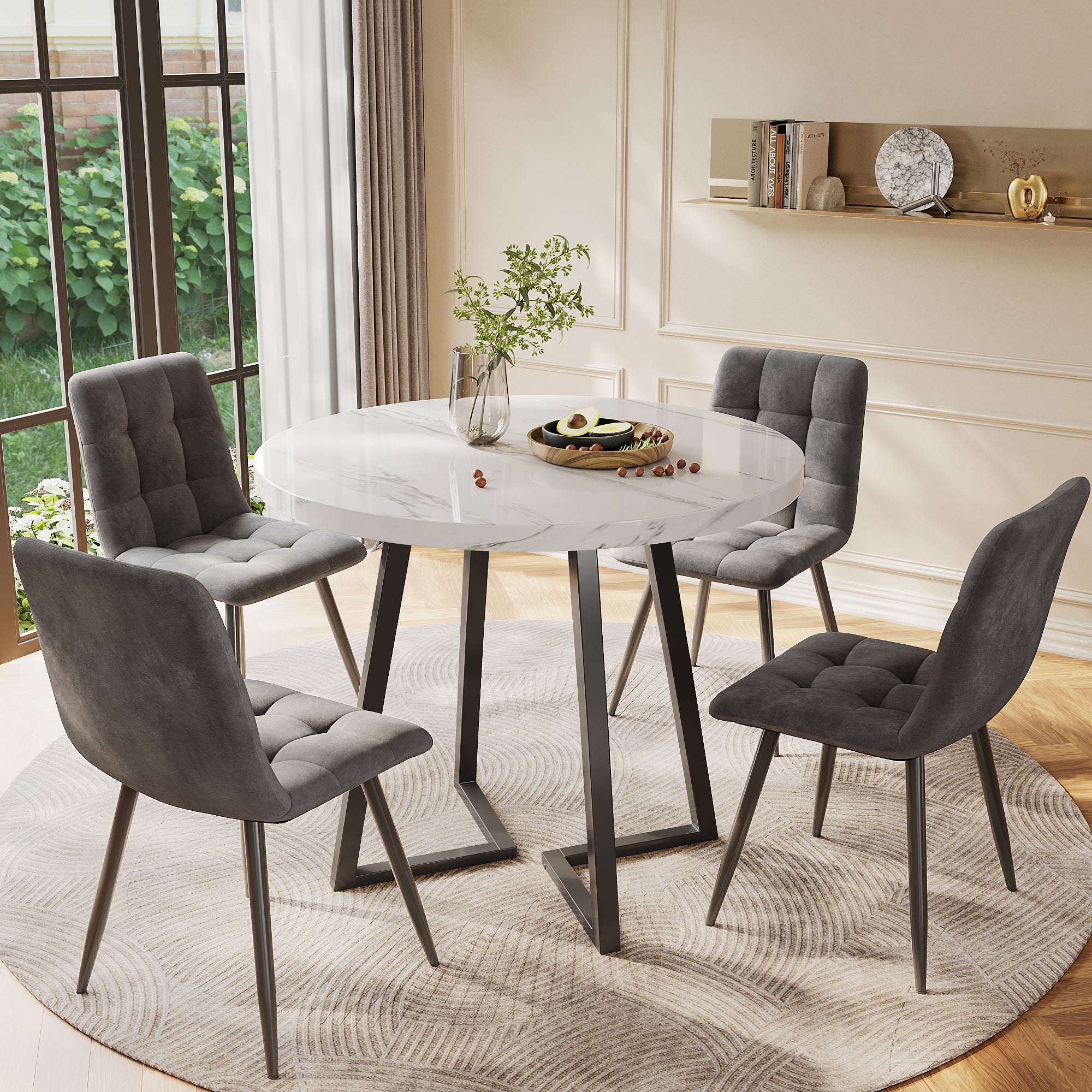 Okrągły stół jadalny z 4 krzesłami z aksamitu - D 80 x W 75 cm - Nogi z płyty MDF i metalu - Wygląd marmuru - Biały + szary