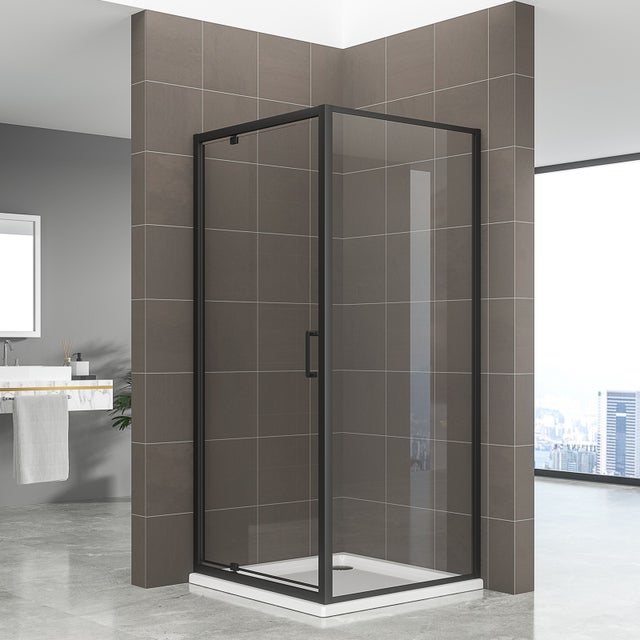 IBEABLACK Cabine de douche noire H. 190 cm porte pivotante verre 6 mm transparent 90 x 90 cm