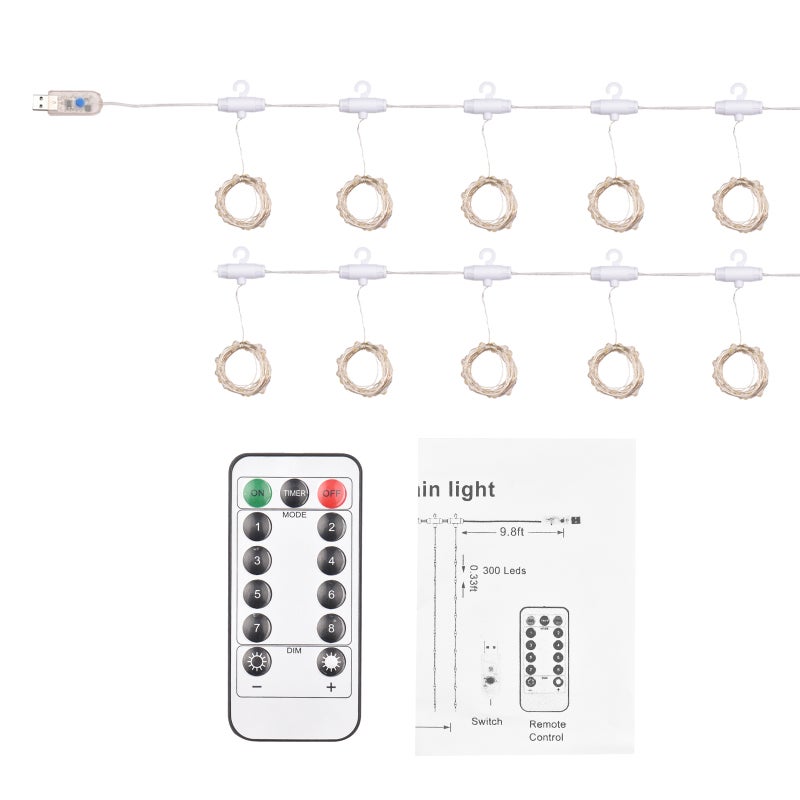 Rideau lumineux 3x2 m, 200 LED USB, télécommande incluse, lumières scintillantes suspendues, intérieur extérieur, décoration mariage, blanc chaud - 2