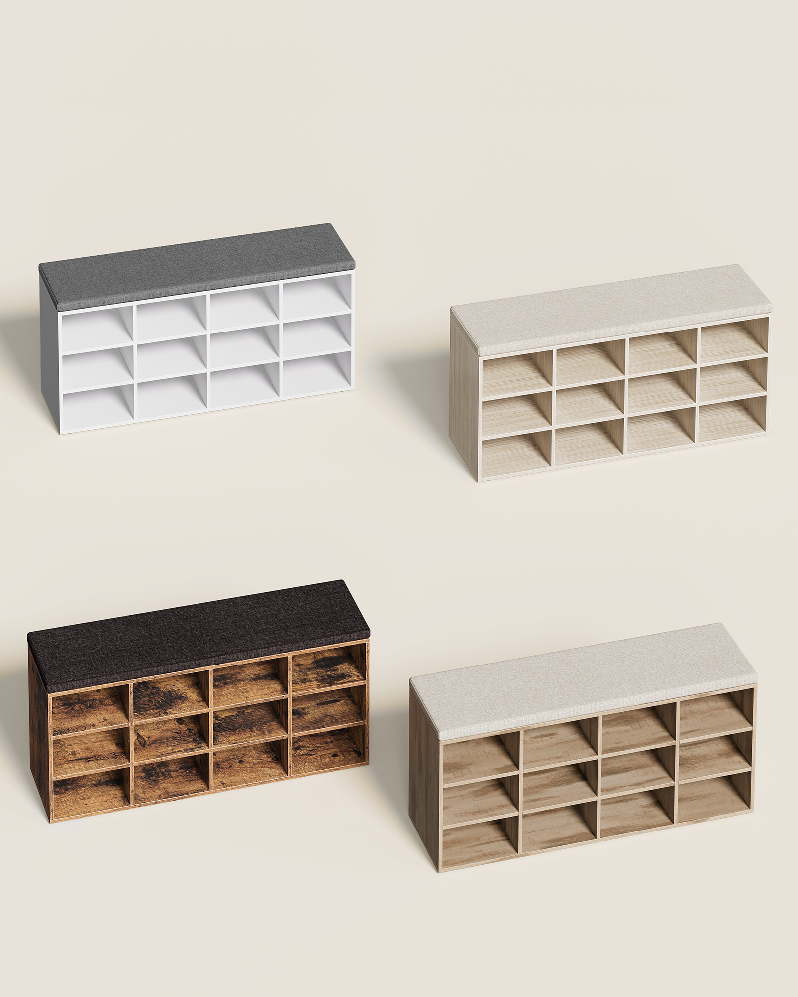 Banc à Chaussures, Assise Rembourrée et 12 Compartiments, Étagère Porte-chaussures, Capacité de Charge 136 kg, Beige Naturel - 3