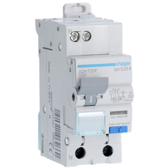Disjoncteur différentiel 1P+N 3kA C-20A 30mA type Haute Immunité - HAGER - ADH720F