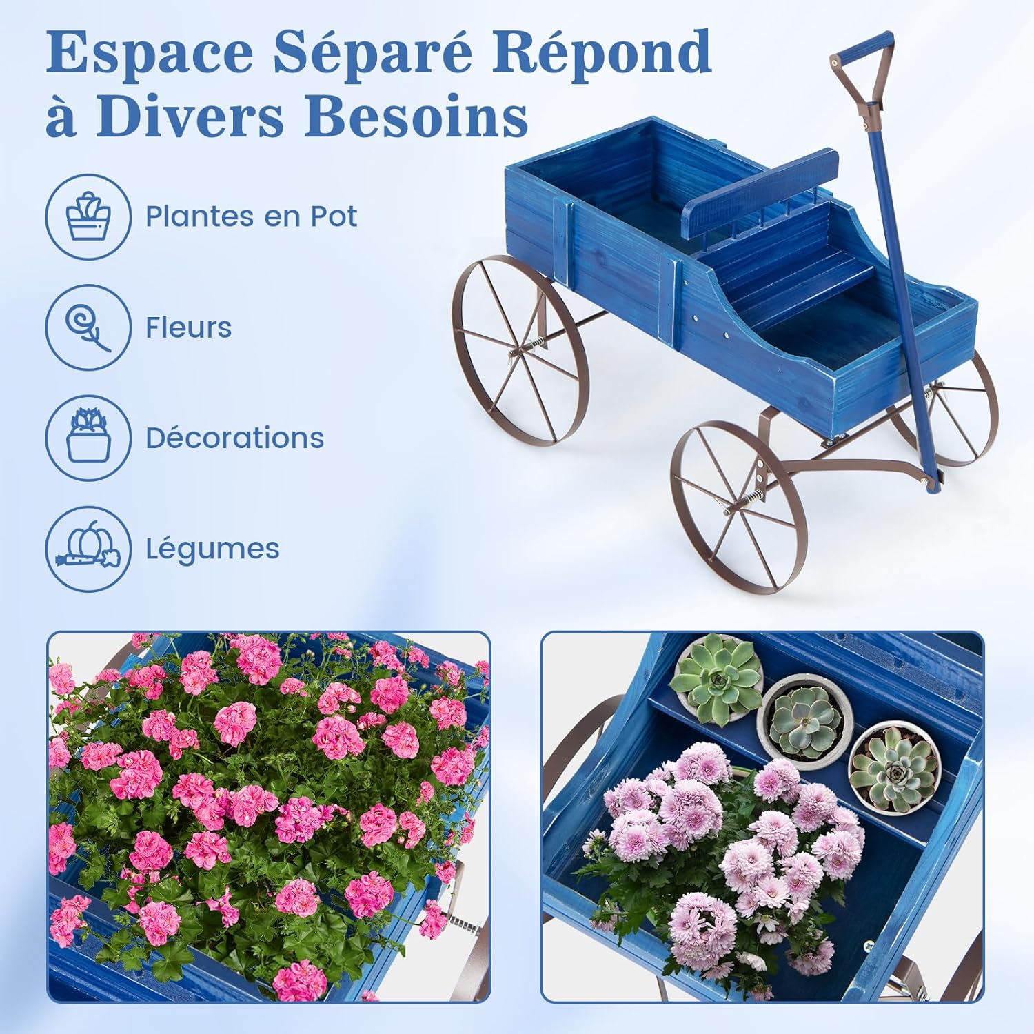 Brouette Décorative en Bois avec 2 Compartiments à Planter Roues Métalliques et Poignée à l'avant Charge 15kg pour Cour Jardin Véranda (Bleu) - 6