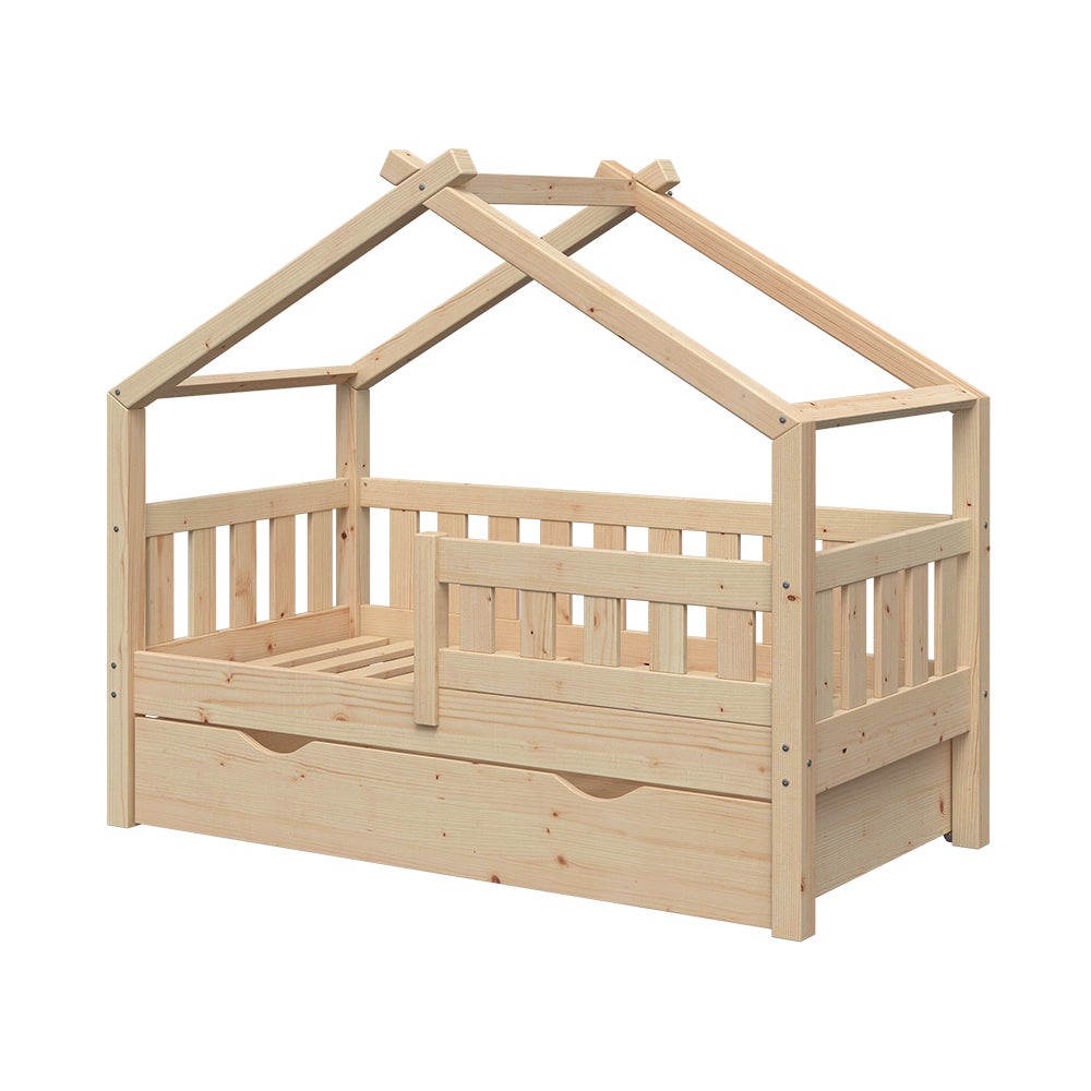 Lit Cabane Enfant VitaliSpa 90x200 Cm – Bois Massif Naturel – Avec 2 Tiroirs