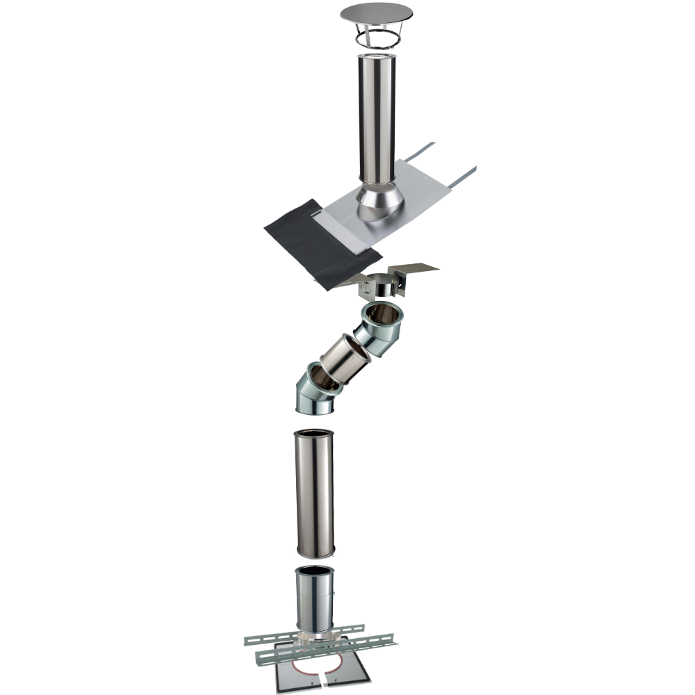 Kit conduit isolé sortie toiture avec dévoiement Inox-Galva et Inox-Inox Ø150 Poujoulat - Déport 39 cm / Longueur 304 cm - 2