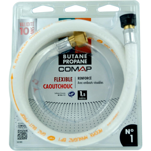 COMAP Flexible de gaz butane/propane caoutchouc - 1,50m - Validité 10 ans - Raccordement à visser - S651085 - 2