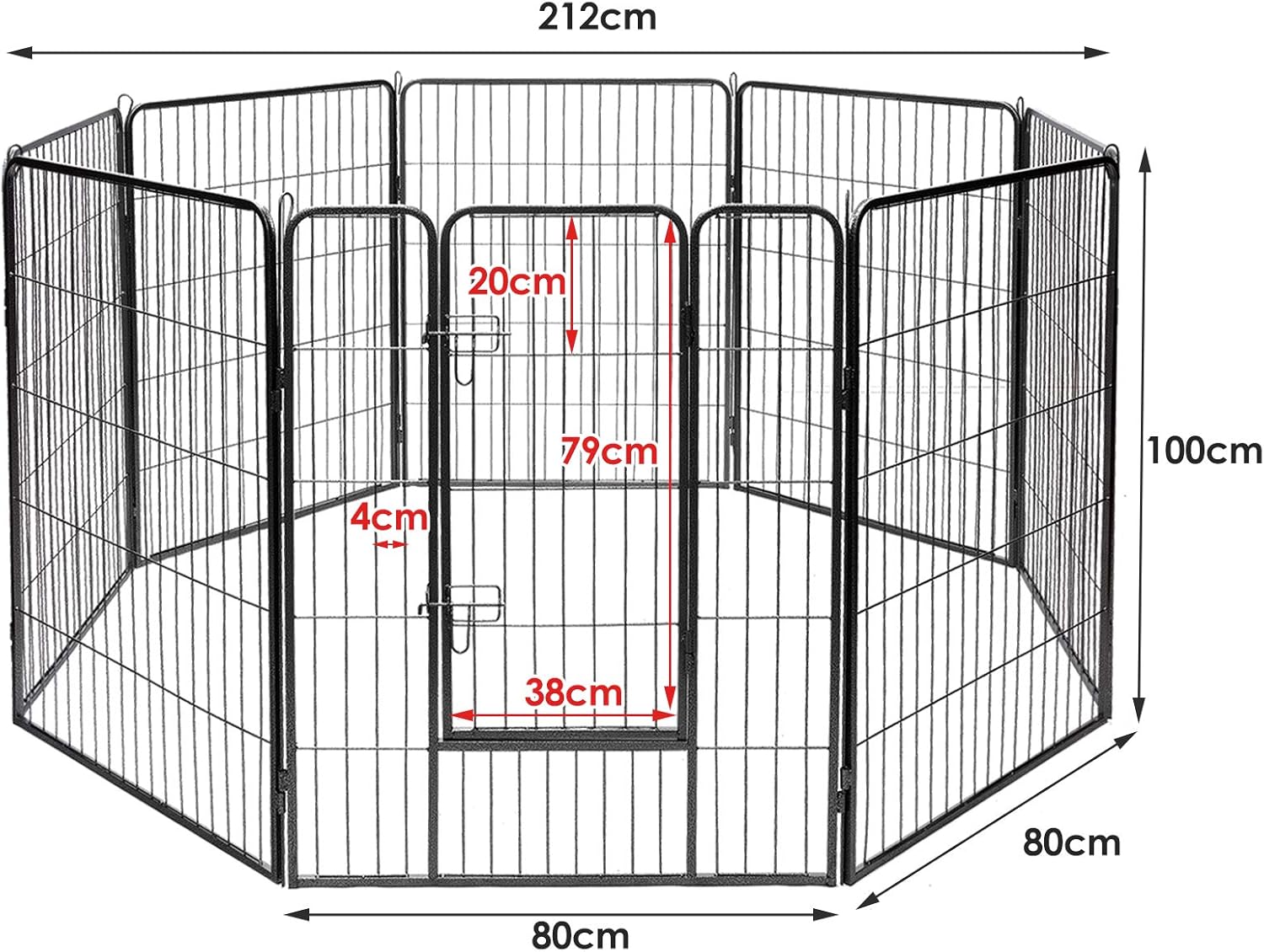Metalowy Wybieg dla Psów, Wysokość 100 cm, Składany Wybieg dla Psów z 8 Panelami, Niestandardowy Kształt, Drzwi z Podwójnym Zamkiem, Czarny - 7