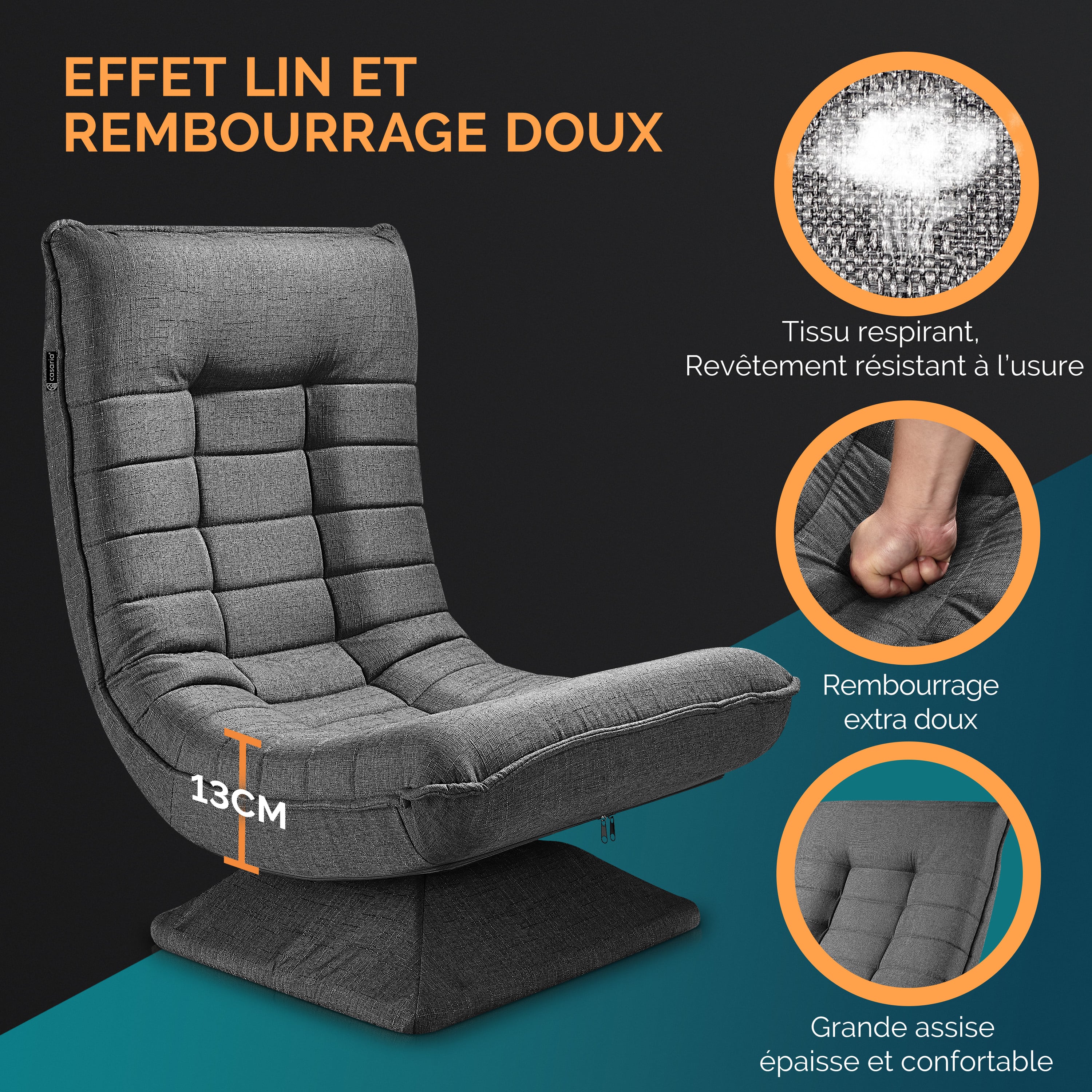 CASARIA® Fauteuil tout confort pivotant à 360° Gris capacité de charge de 150kg siège de gaming 58x57x84/87cm relaxation - 4