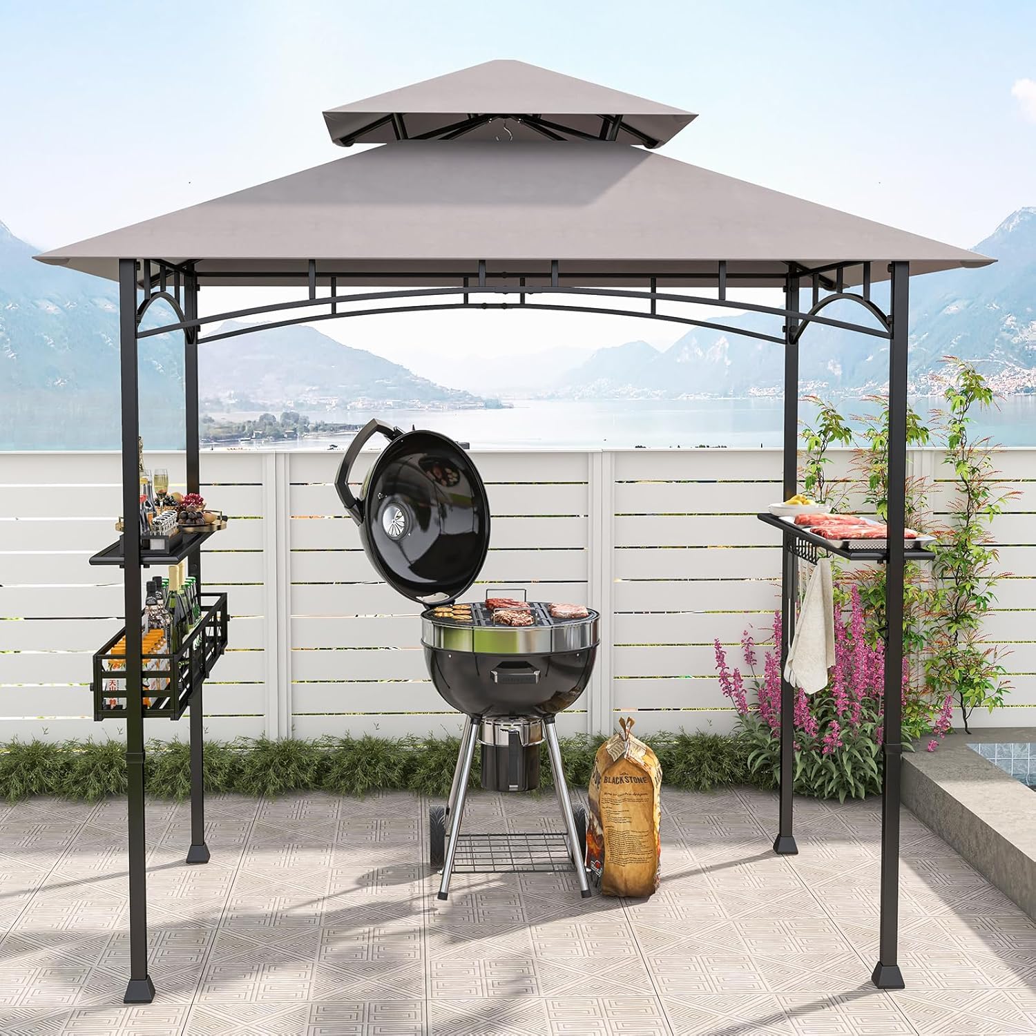 Tonnelle de Barbecue 242 x 153 cm avec 2 Etagères Latérales, Abri Barbecue Cadre en Métal avec Panier de Rangement pour Jardin Cour - 9