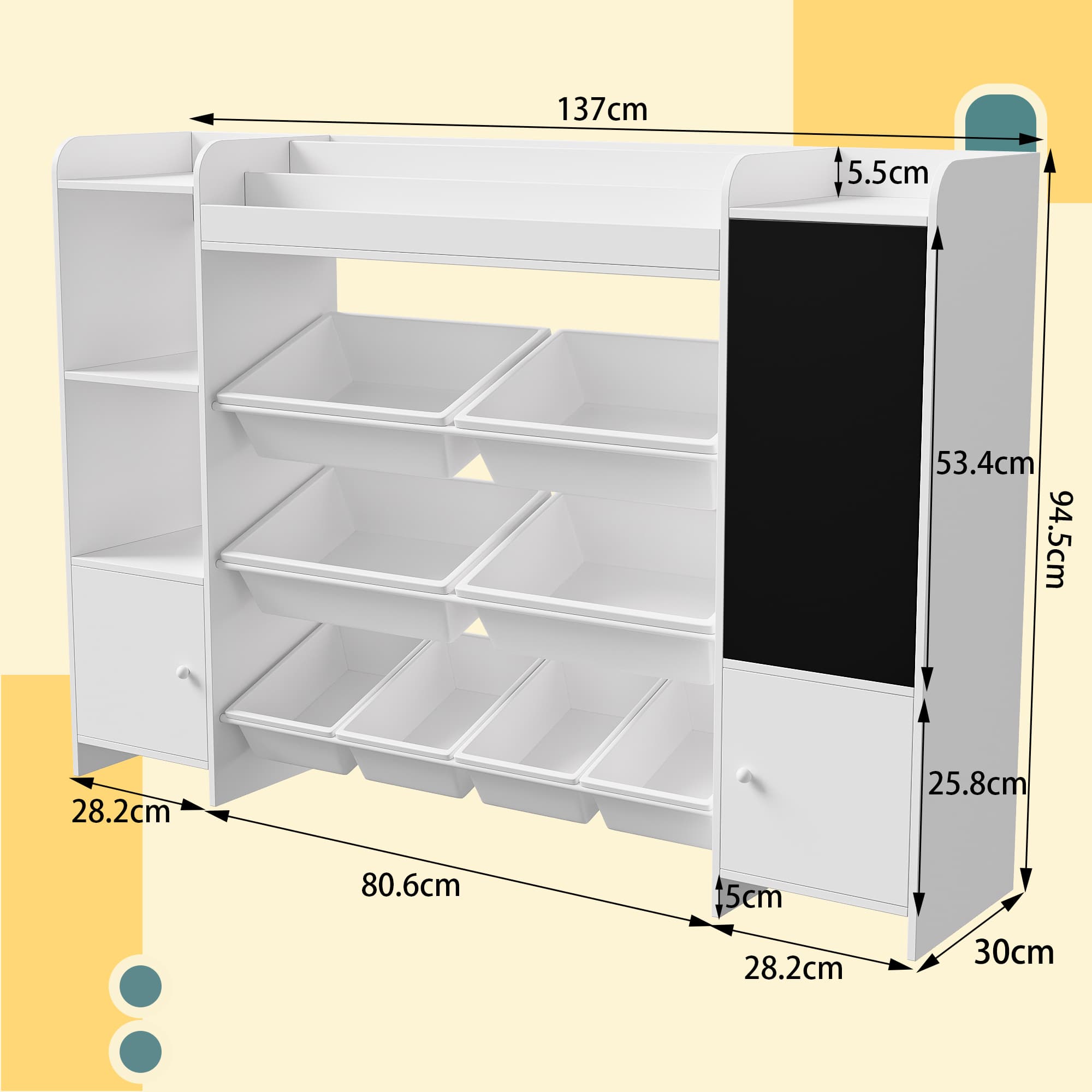 Étagère de rangement jouets enfants 4 niveaux : 100% bois massif (blanc), 8 bacs en plastique + 4 compartiments. - 5
