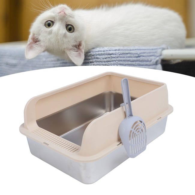 Caja de arena para gatos de acero inoxidable, fácil de limpiar