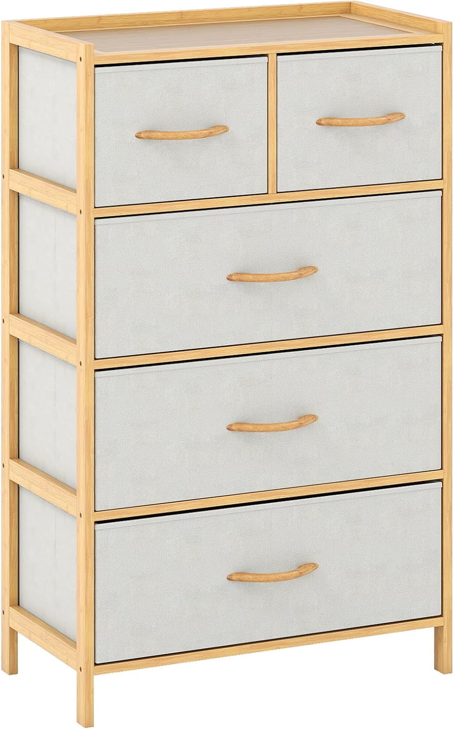 Komoda z 5 Składanymi Szufladami z Tkaniny – Szafka z Szufladami – Rama z Bambusa – Szafka do Przechowywania z Tkaniny – Organizer – 58 x 30 x 94 cm