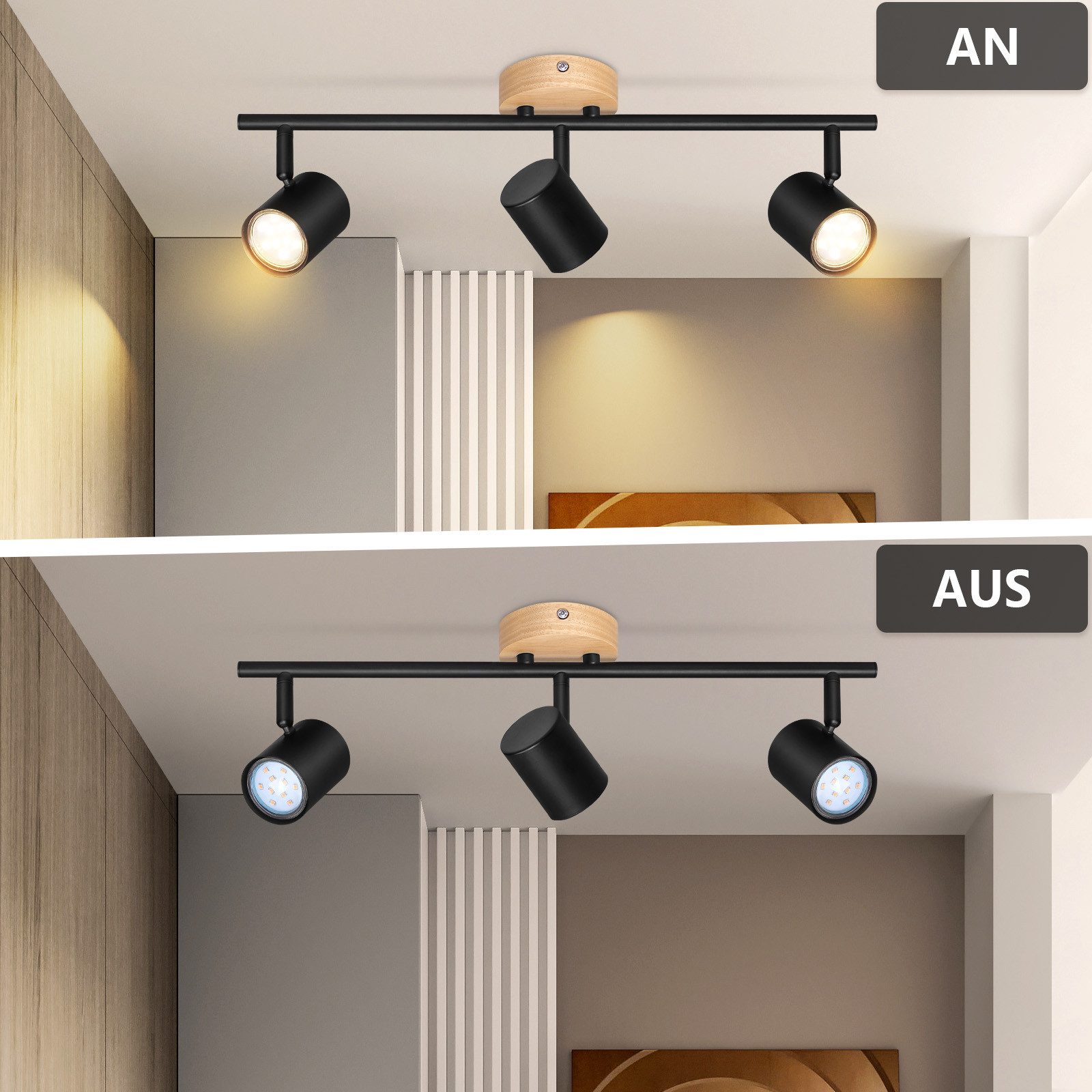 NETTLIFE Plafón LED de 3 llama - Plafón GU10 negro Foco giratorio Aplique de madera Foco de pared para salón dormitorio Sin bombilla - 6