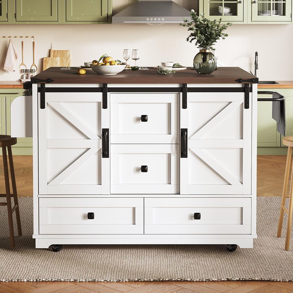 Carro de cocina con mesa plegable; isla de cocina móvil, barra; con tres cajones y dos puertas de armario, blanco