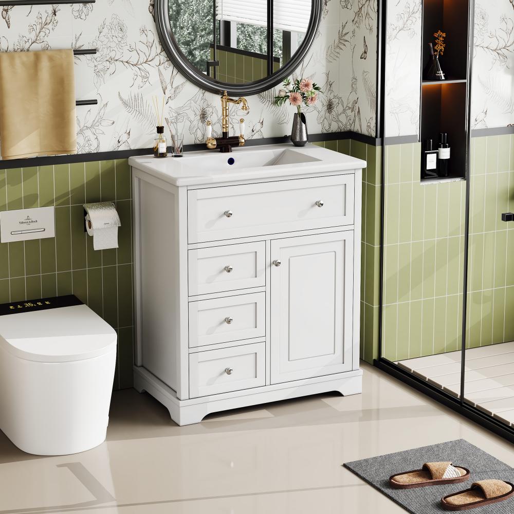 Meuble vasque salle de bain blanc 76 cm – 3 tiroirs silencieux, rangement, vasque céramique – 76x46x87 cm - 3