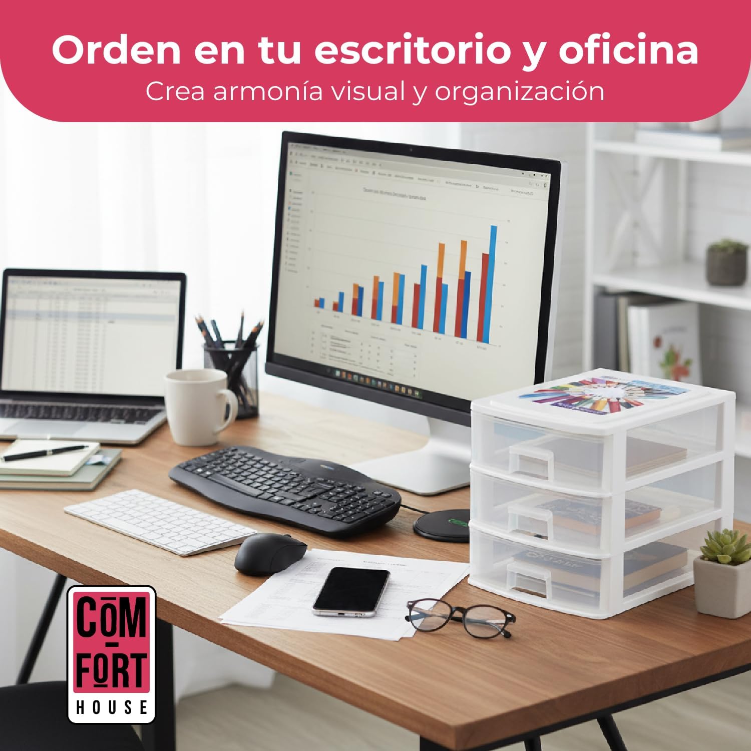COM-FORT HOUSE | Cajonera Apilable de Plástico | Modelo Transparente | Color Blanco | Modelo de 3 Cajones | Cajones de Almacenamiento Modular - 3
