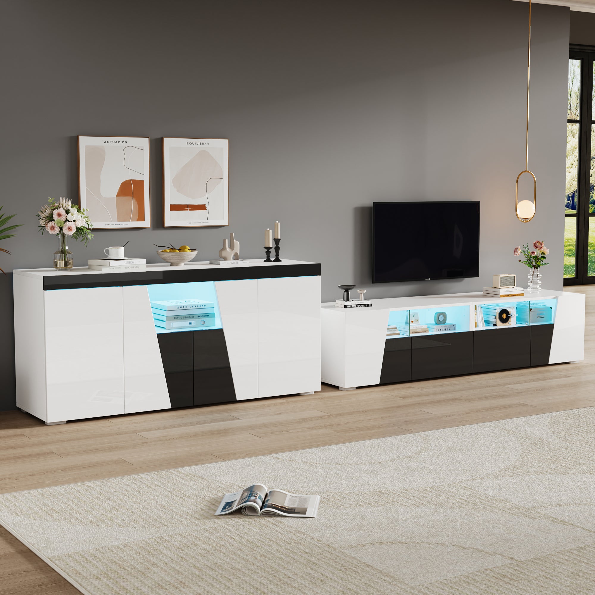 Szafka RTV z 2 drzwiami i 2 szufladami + niska komoda z 4 drzwiami - 180x38,5x45 cm + 140x40x65 cm - diody LED - Płyta wiórowa - Kolor biały + czarny