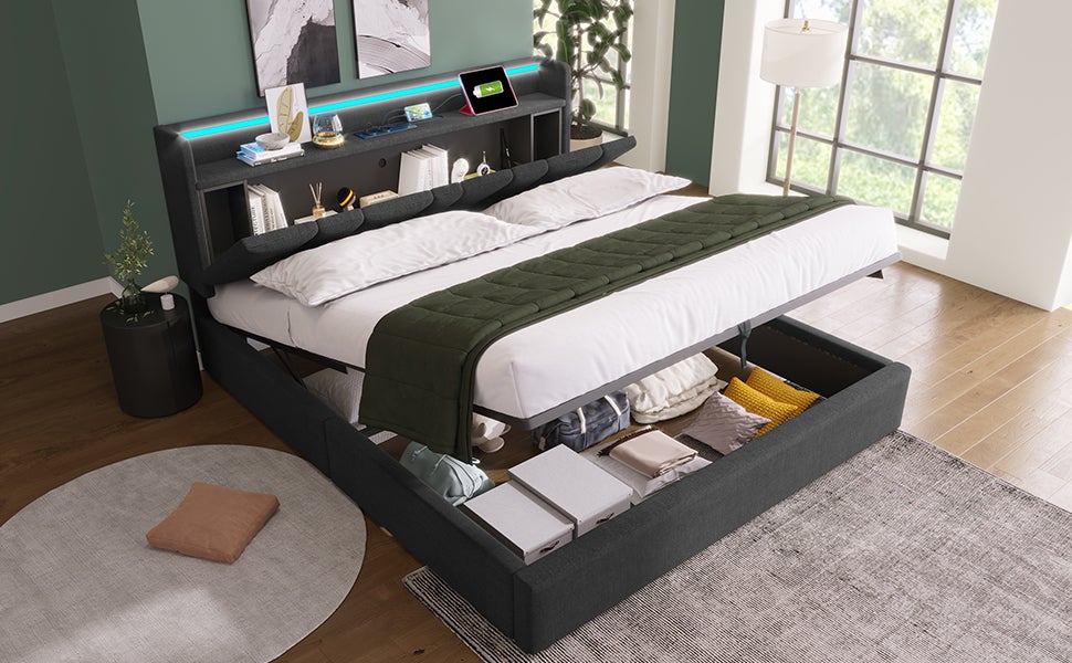 Lit double rembourré avec fonction de charge USB, tête de lit de rangement et éclairage LED, lit double 160x200cm lits de rangement cadre de lit, so - 3