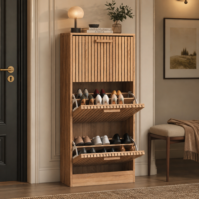 Meuble à chaussures avec 3 abattants avec portes à lamelles, armoire à chaussures slim anti-basculement pour 16 à 24 paires, 60 x 24 x 113.