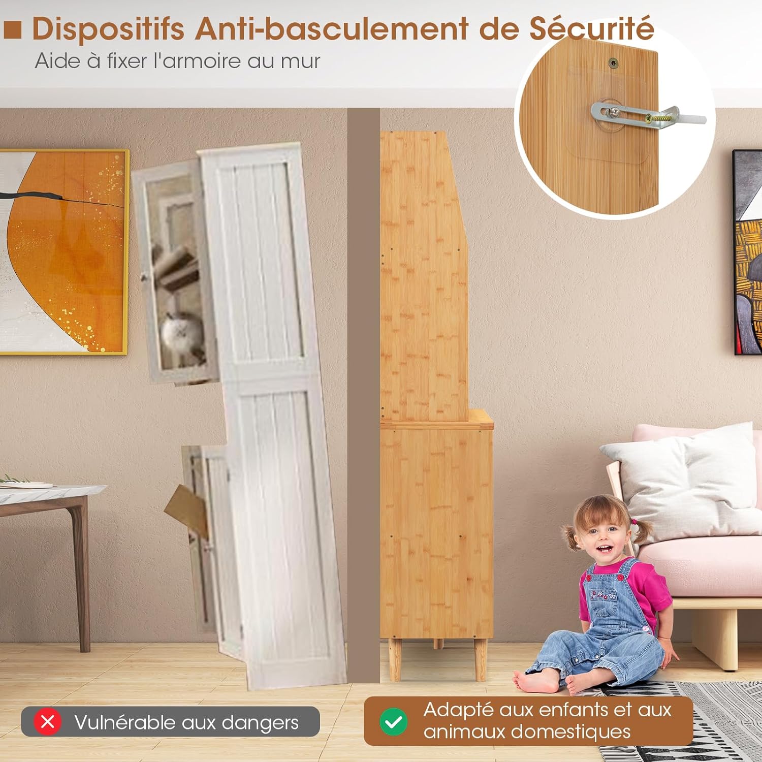 Credenza da Cucina, Mobiletto da Cucina con Anta in Vetro Temperato, Cassetto, Scaffali Aperti e Ganci, in Bambù, per Sala da Pranzo, Cucina, - 5