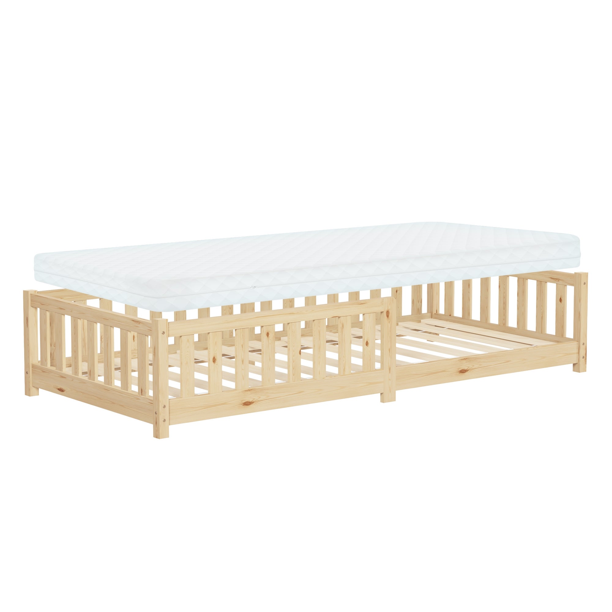 ML-Design łóżko dziecięce montessori 90x200 cm naturalne H:10 cm podlogowe z materacem solidnym stelazem i zabezpieczeniem lite drewno sosnowe