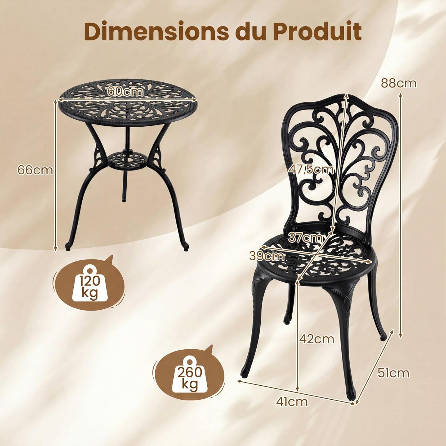 GIANTEX Sala Jardim 3Pcs em Alumínio Fundido, Conjunto Bistrô 2 Cadeiras e 1 Mesa Redonda,com Furo Guarda-sol, para Varanda Terraço Jardim, Preto - 4